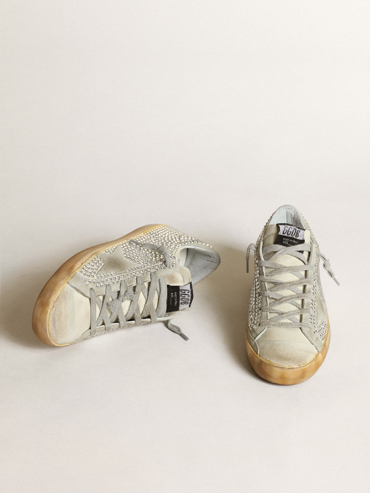 Golden Goose - Super-star sneakers in off-white nubuck and silver Swarovski crystals with ice-gray suede star in 