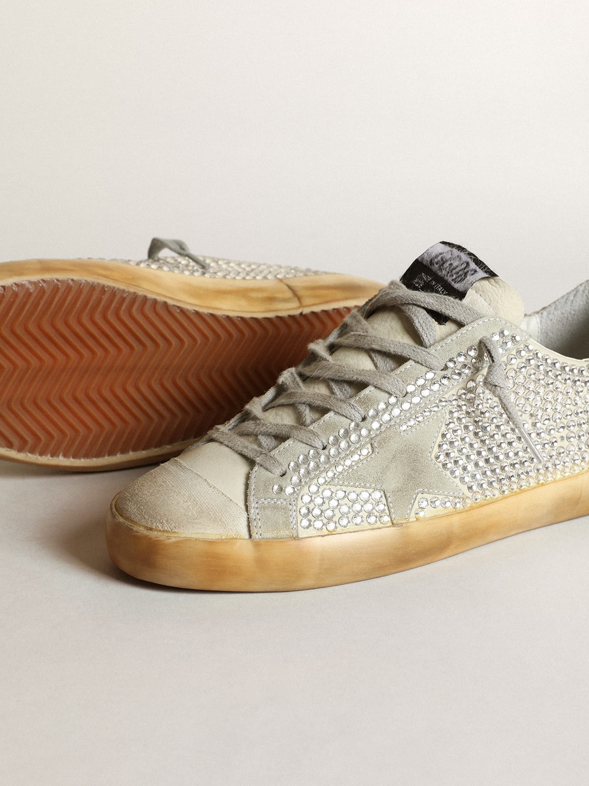 Golden Goose - Super-star sneakers in off-white nubuck and silver Swarovski crystals with ice-gray suede star in 