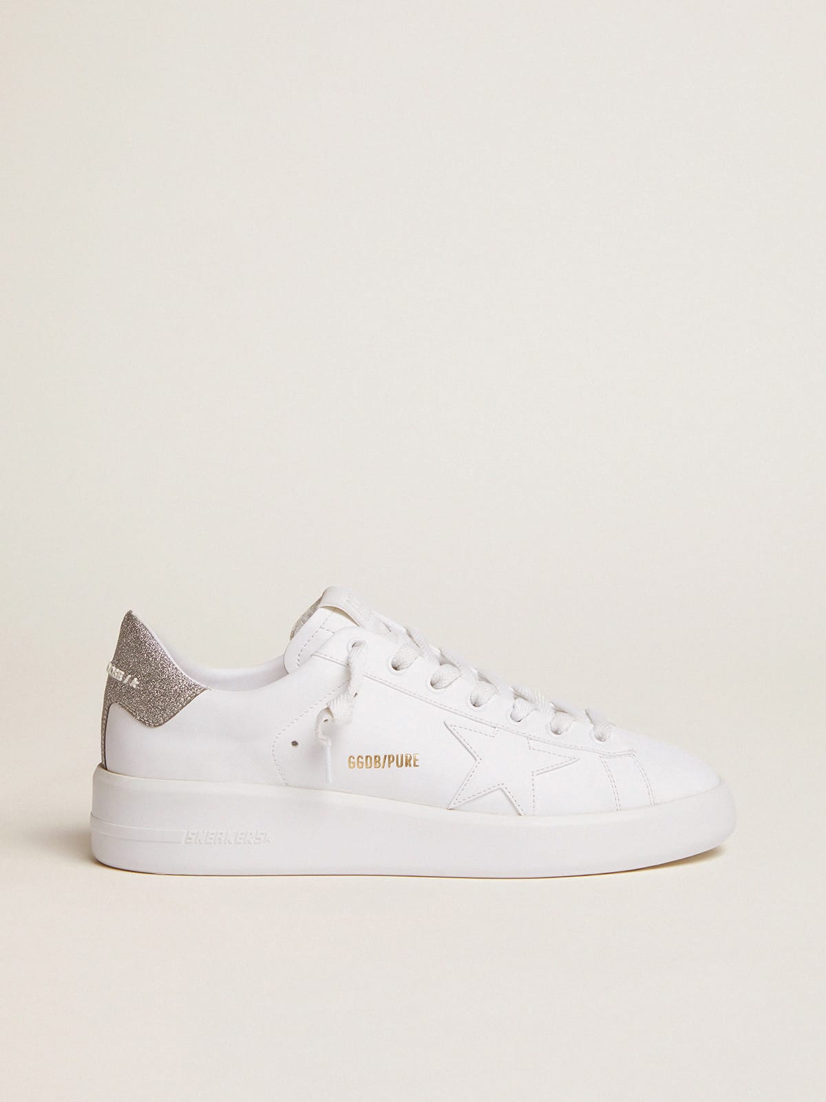 Golden Goose - Purestar sneakers in white leather with tone-on-tone star and silver micro-glitter heel tab in 