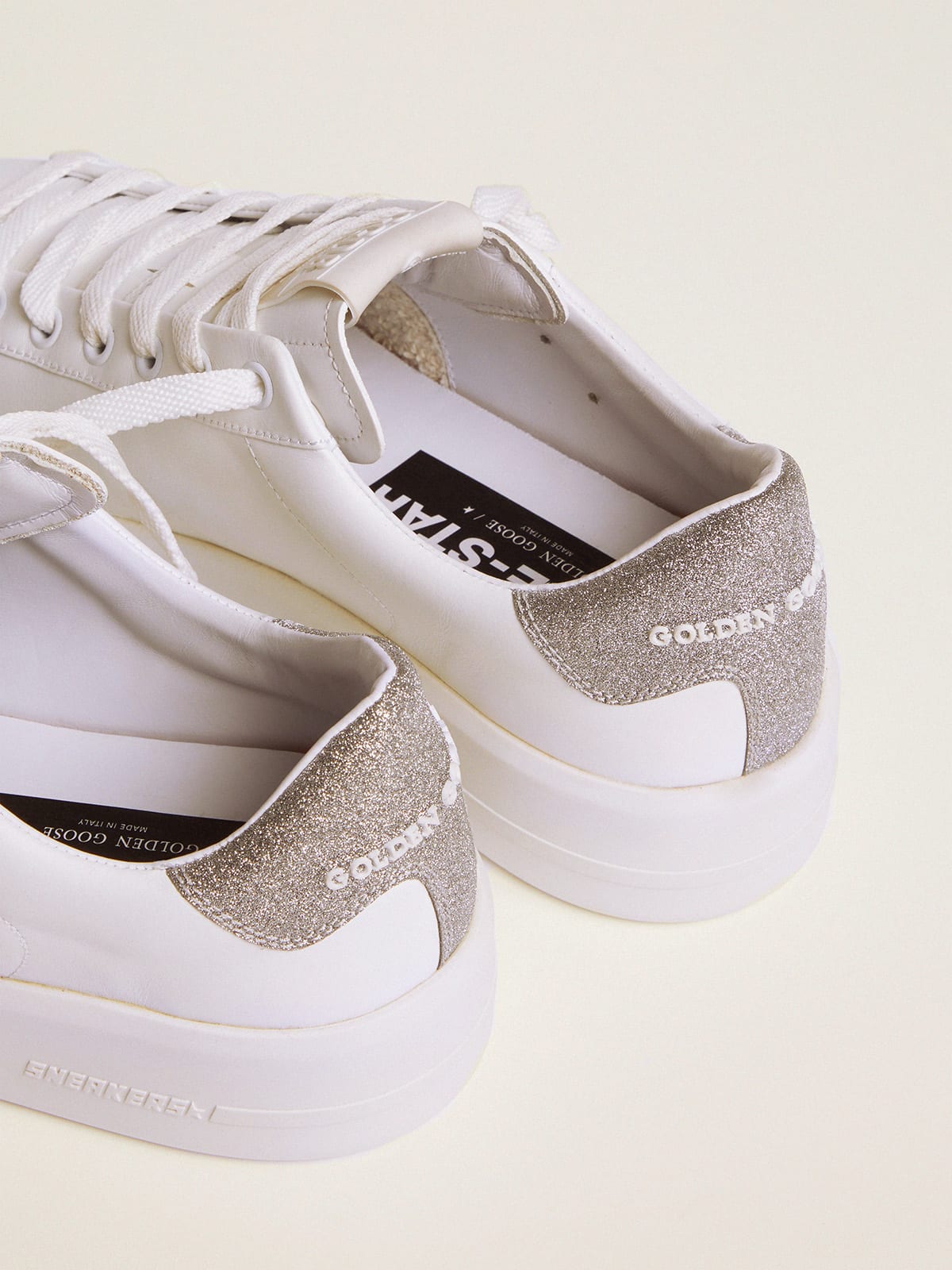 Golden Goose - Purestar sneakers in white leather with tone-on-tone star and silver micro-glitter heel tab in 