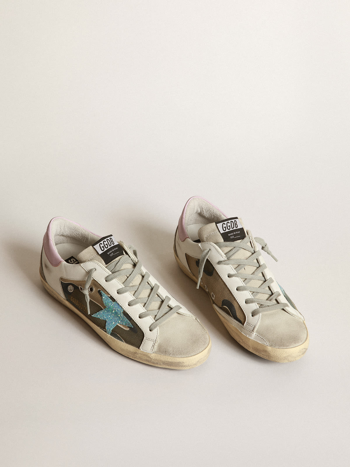 Camouflage Super-Star sneakers with glittery star and pink heel tab |  Golden Goose