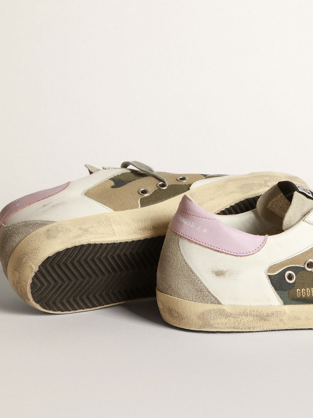 Camouflage Super-Star sneakers with glittery star and pink heel tab |  Golden Goose