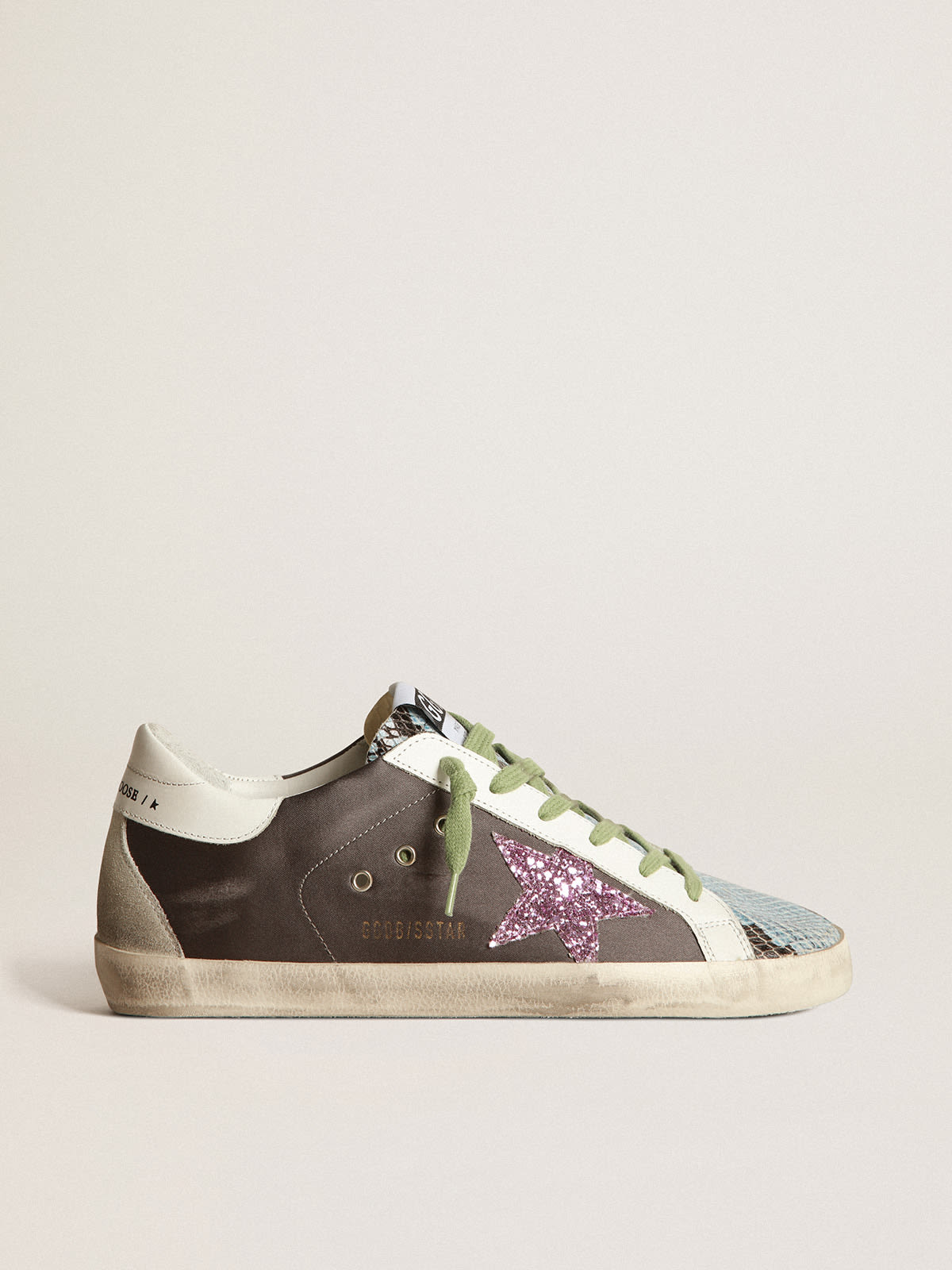 Golden Goose - Grey and python-print Superstar sneakers with glittery star in 
