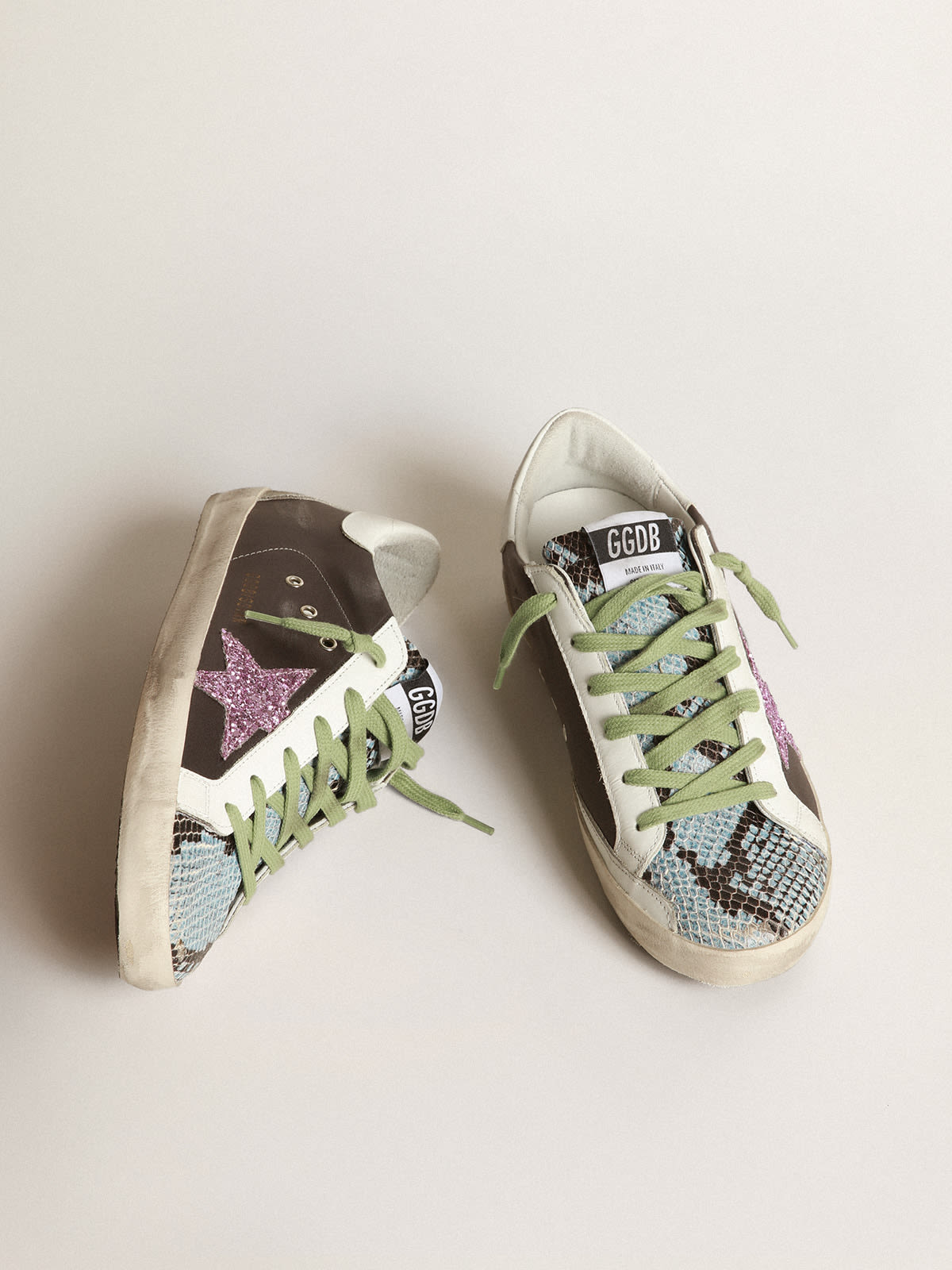 Golden Goose - Grey and python-print Superstar sneakers with glittery star in 