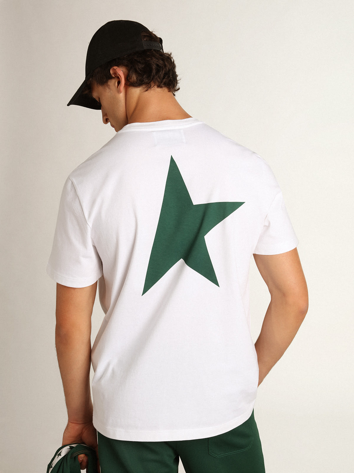 Golden Goose - Men's white T-shirt with contrasting green logo and star in 