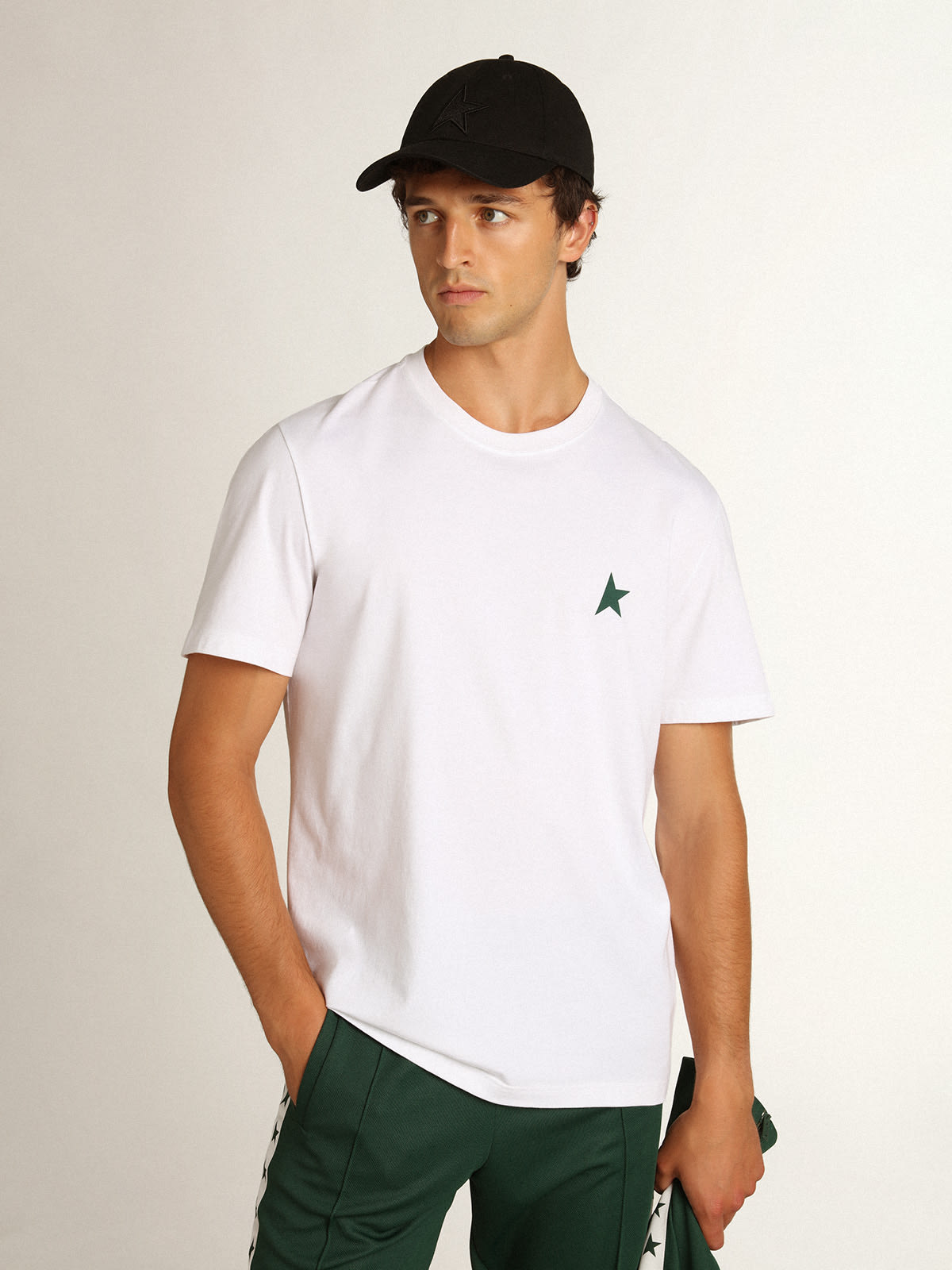 White Star Collection T-shirt with green star on the front | Golden Goose