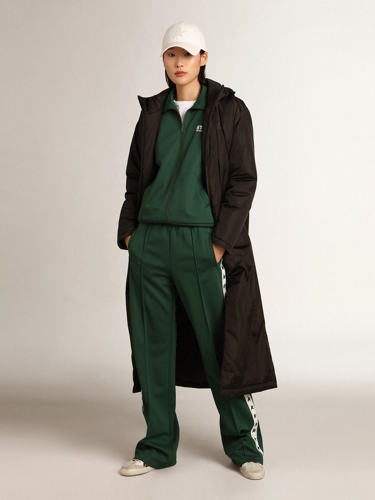 Golden Goose - Women’s green zipped sweatshirt with white strip and contrasting stars in 