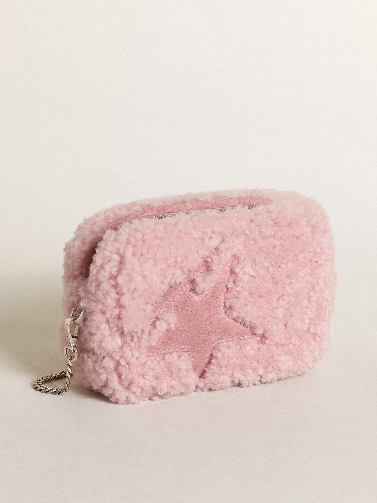 Golden Goose - Bolsa Mini Star feminina de shearling rosa com estrela de suede in 