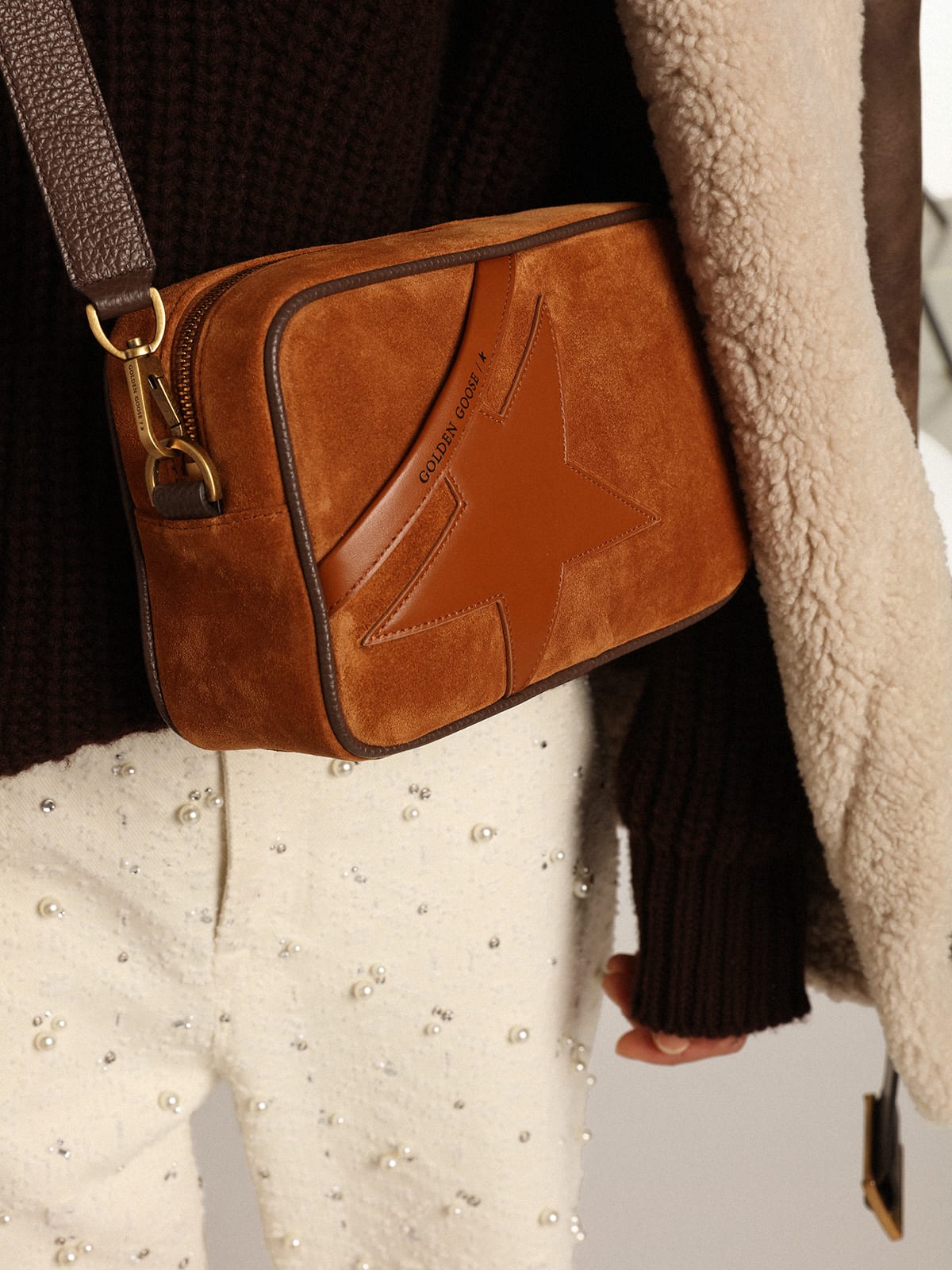 Light brown suede leather with gold-tone metal classic shoulder