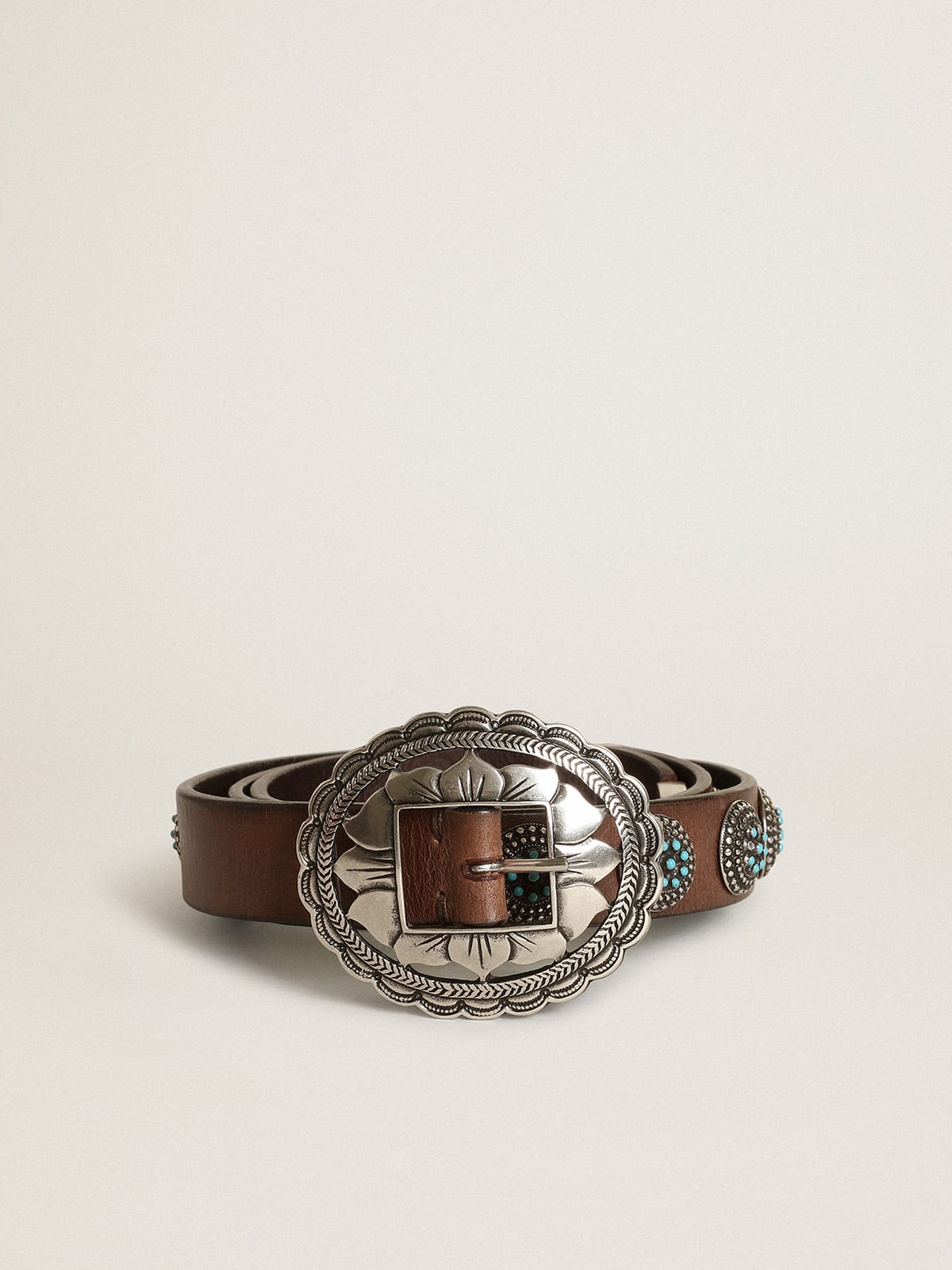 Golden Goose - Sunflowers belt in dark brown leather with vintage silver colored studs in 
