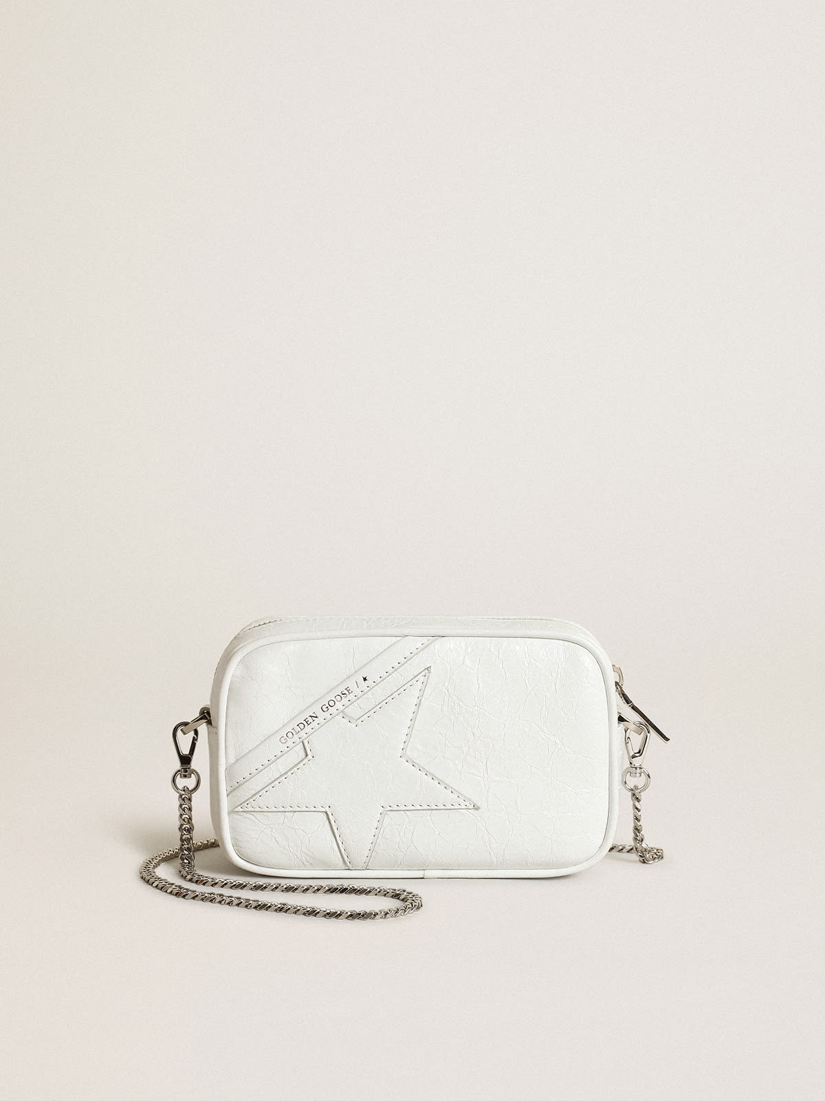 Golden Goose - Bolsa Mini Star feminina de couro brilhante branco com estrela tom sobre tom in 