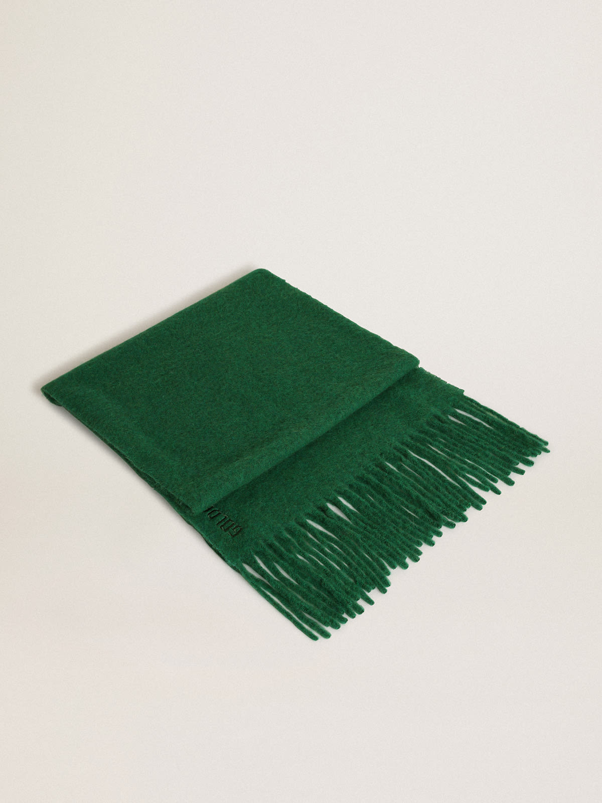 Golden Goose - Sciarpa in lana verde scuro con frange e scritta Golden ton sur ton in 