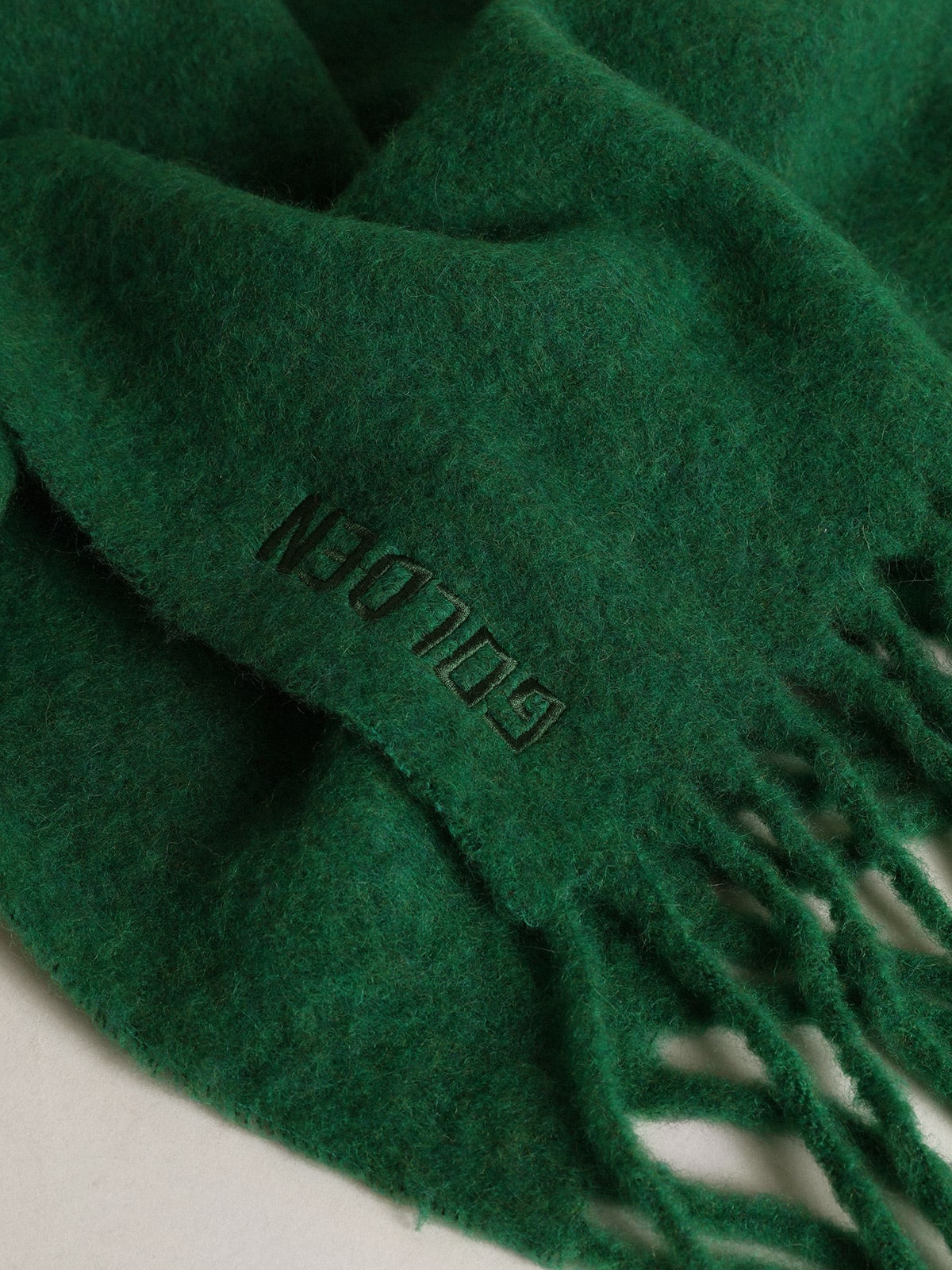Golden Goose - Dark green wool scarf with fringe and ‘Golden’ lettering in 