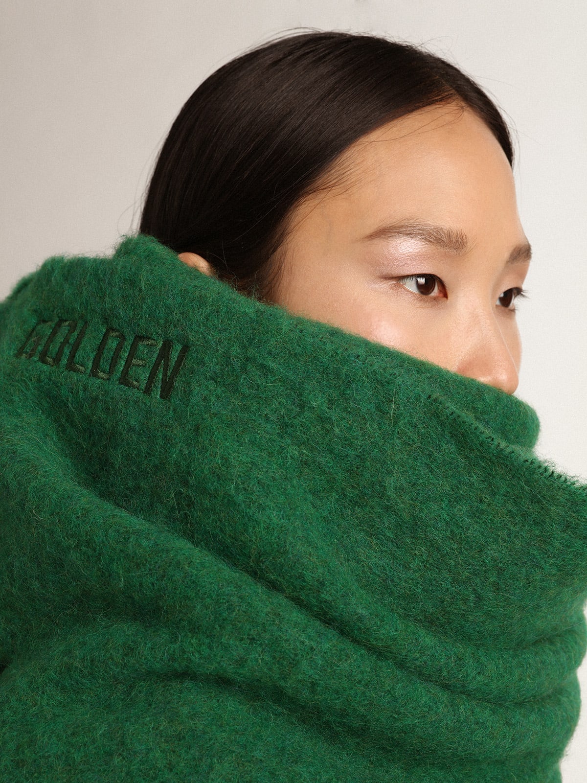 Golden Goose - Dark green wool scarf with fringing and tone-on-tone ‘Golden’ lettering in 