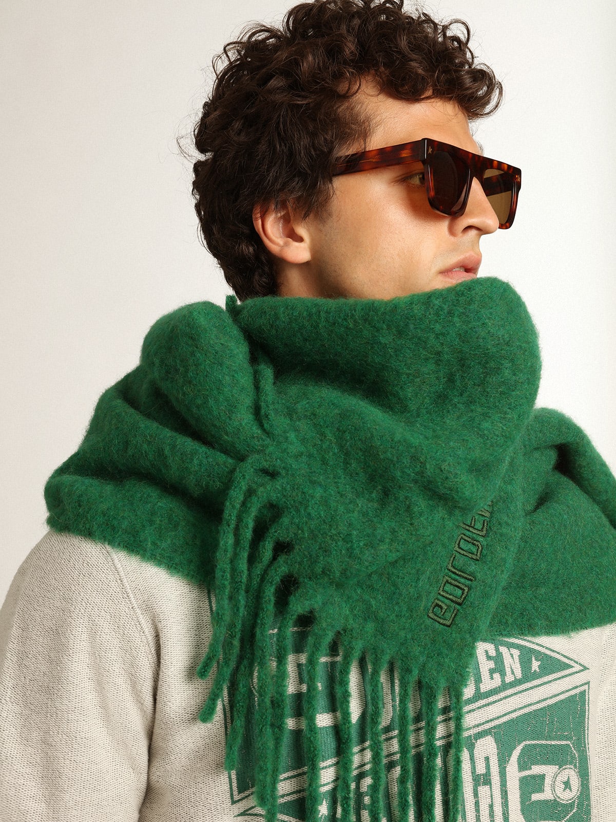 Golden Goose - Dark green wool scarf with fringing and tone-on-tone ‘Golden’ lettering in 