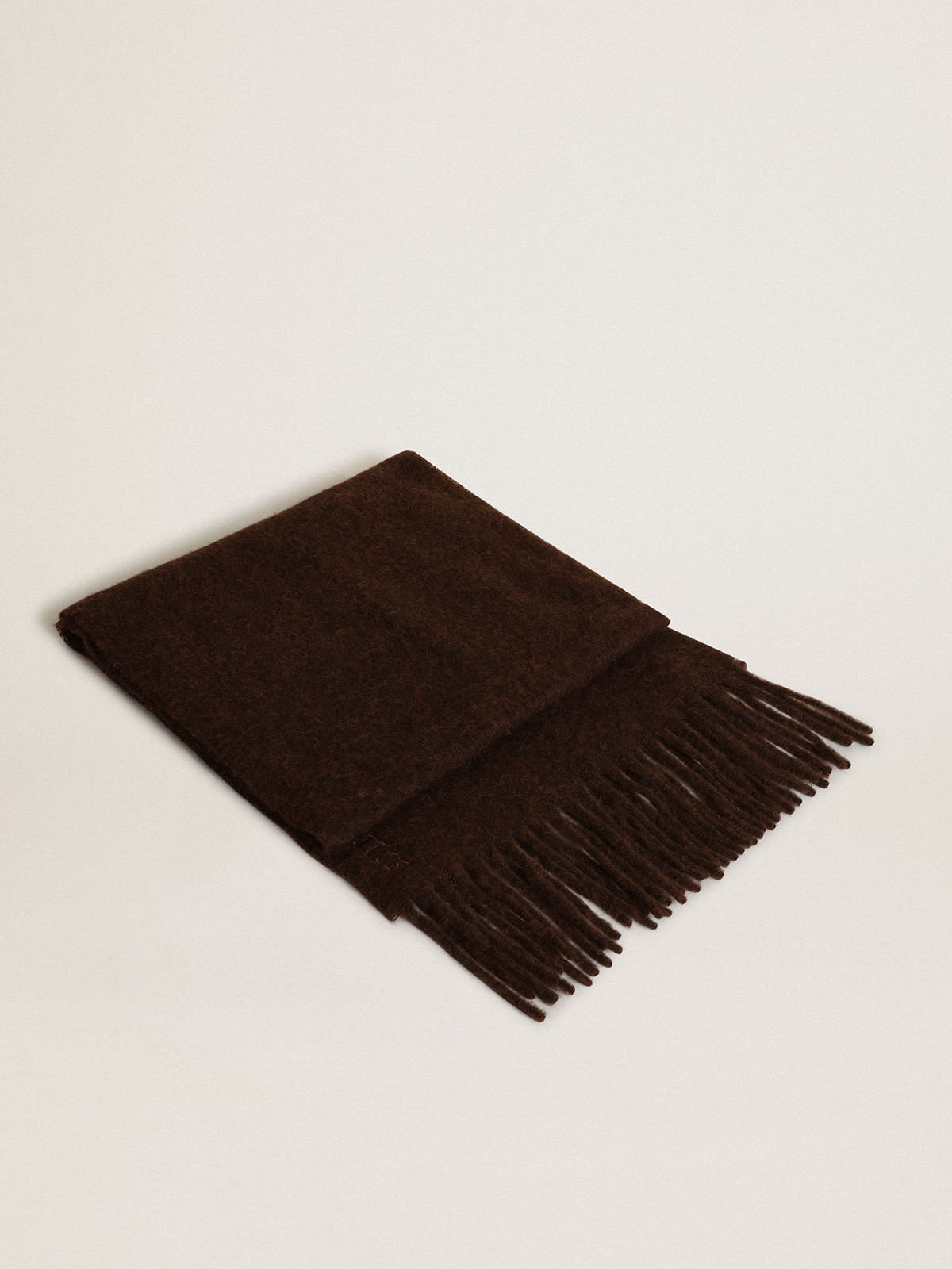 Golden Goose - Coffee-colored wool scarf with fringing and tone-on-tone ‘Golden’ lettering in 