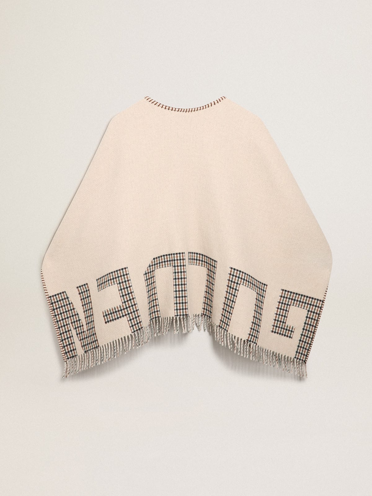 Golden Goose - Poncho in reversible cream-colored wool with check pattern and contrasting ‘Golden’ lettering in 