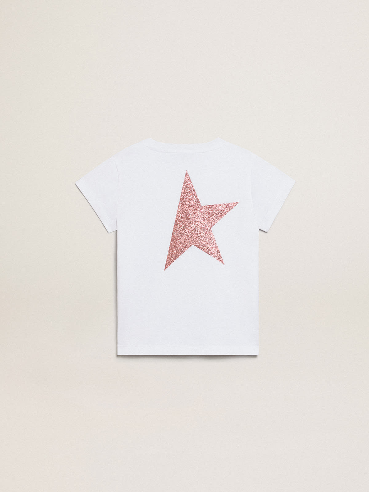 Golden Goose - Weißes T-Shirt aus der Star Collection mit Logo und Maxistern aus rosa Glitzer in 