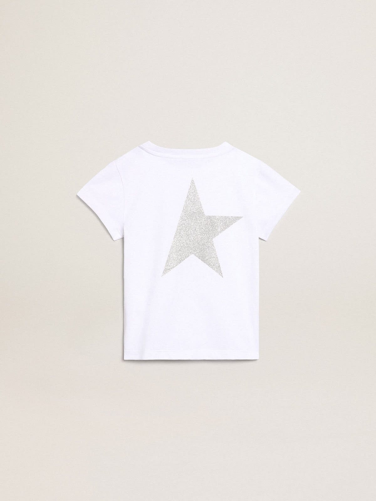 Golden Goose - T-shirt bianca e argento con logo e maxi stella in glitter argento in 