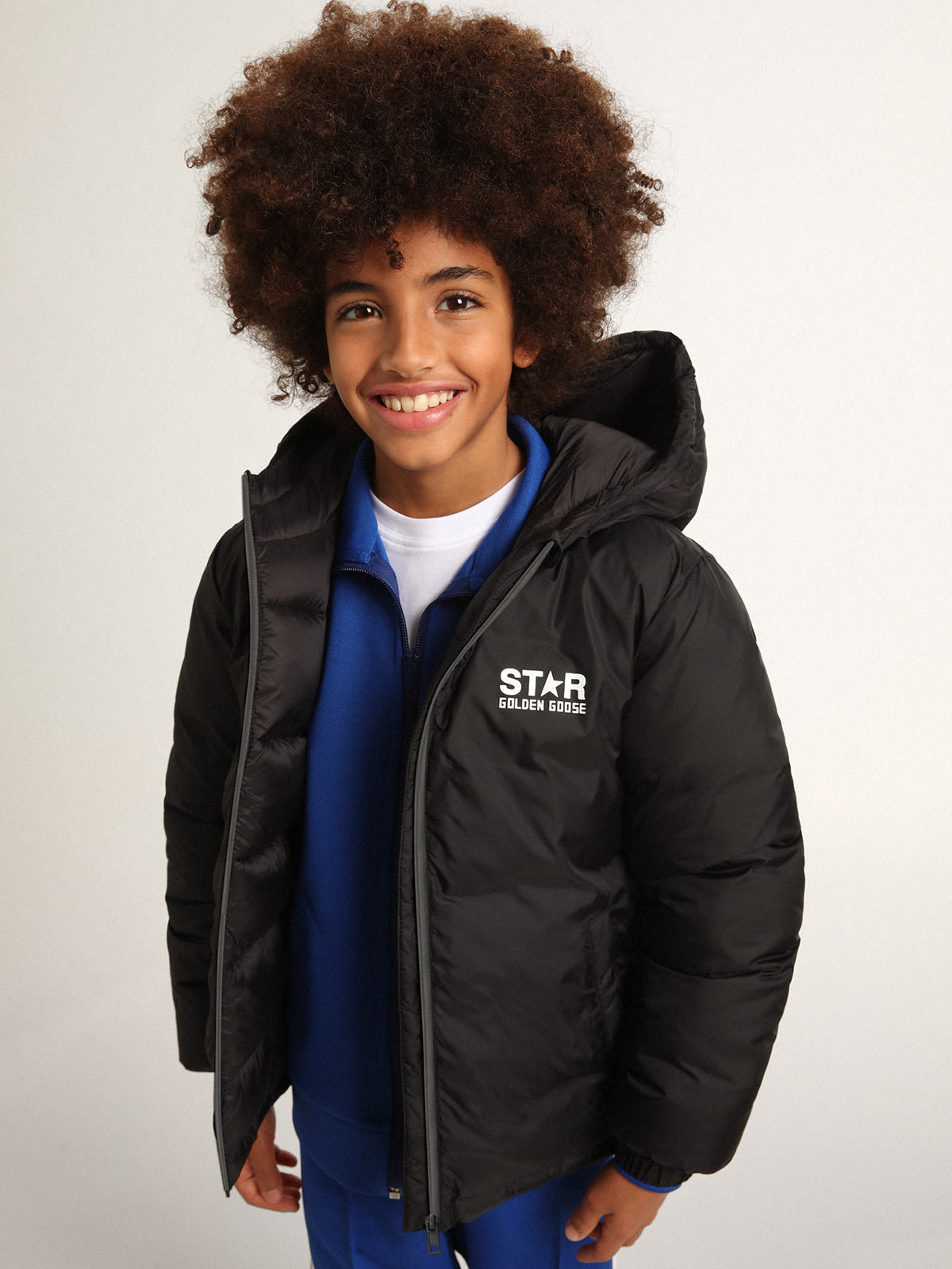 Golden Goose - Black Star Collection padded jacket with hood and white maxi star on the back in 