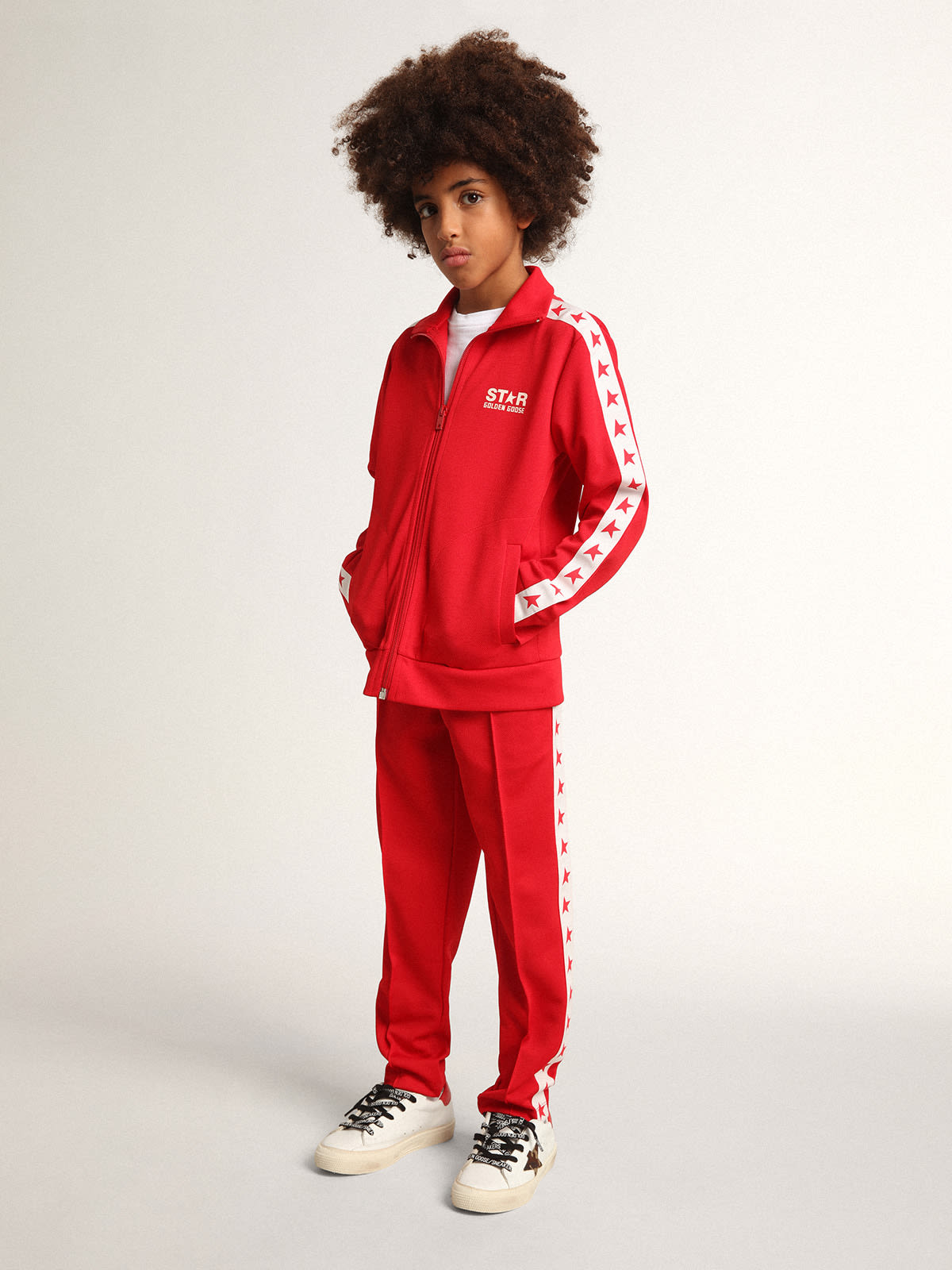 Red joggers 2024 white stripe