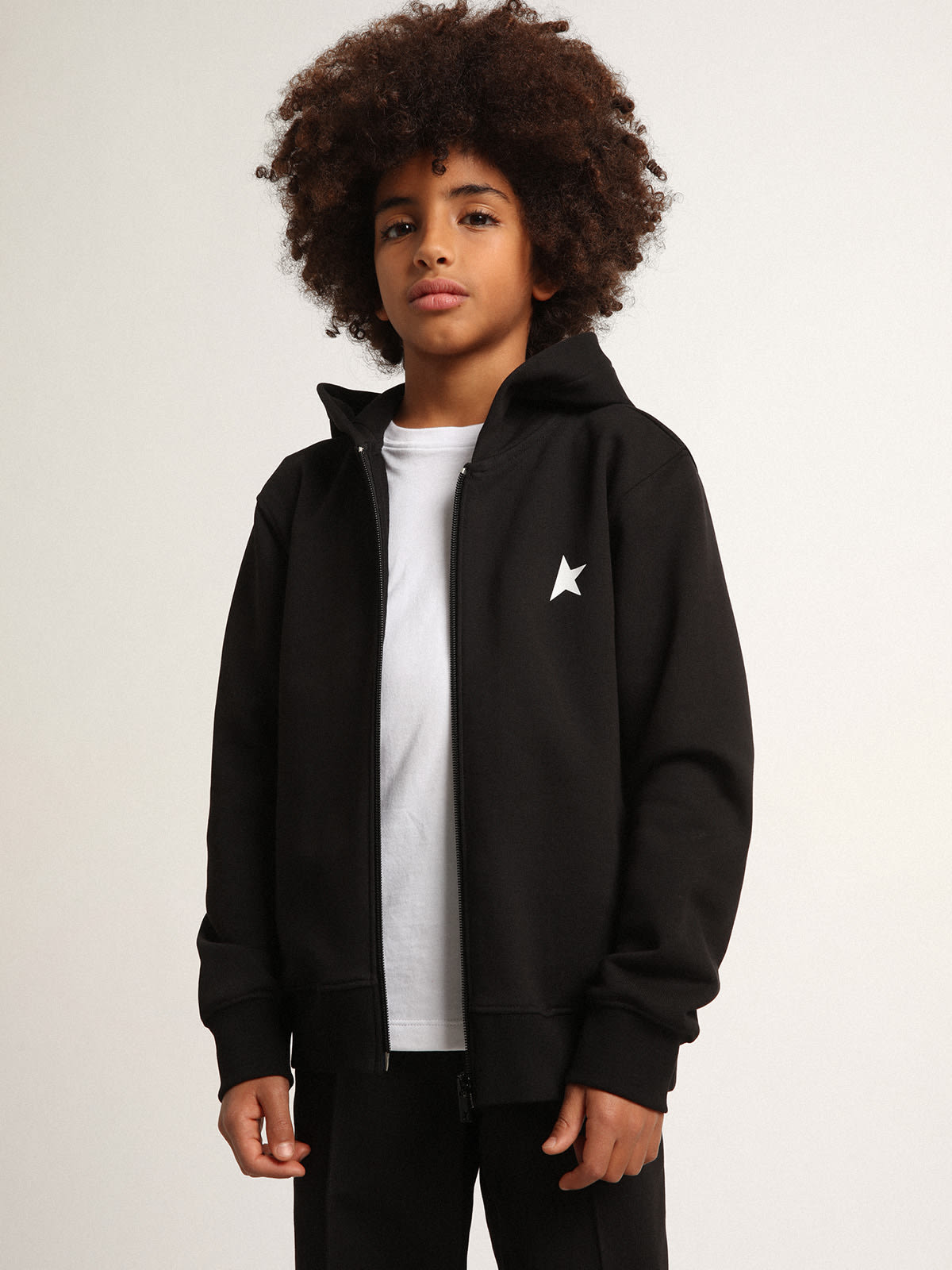 Black hooded sweatshirt with contrasting white star and logo | Golden Goose