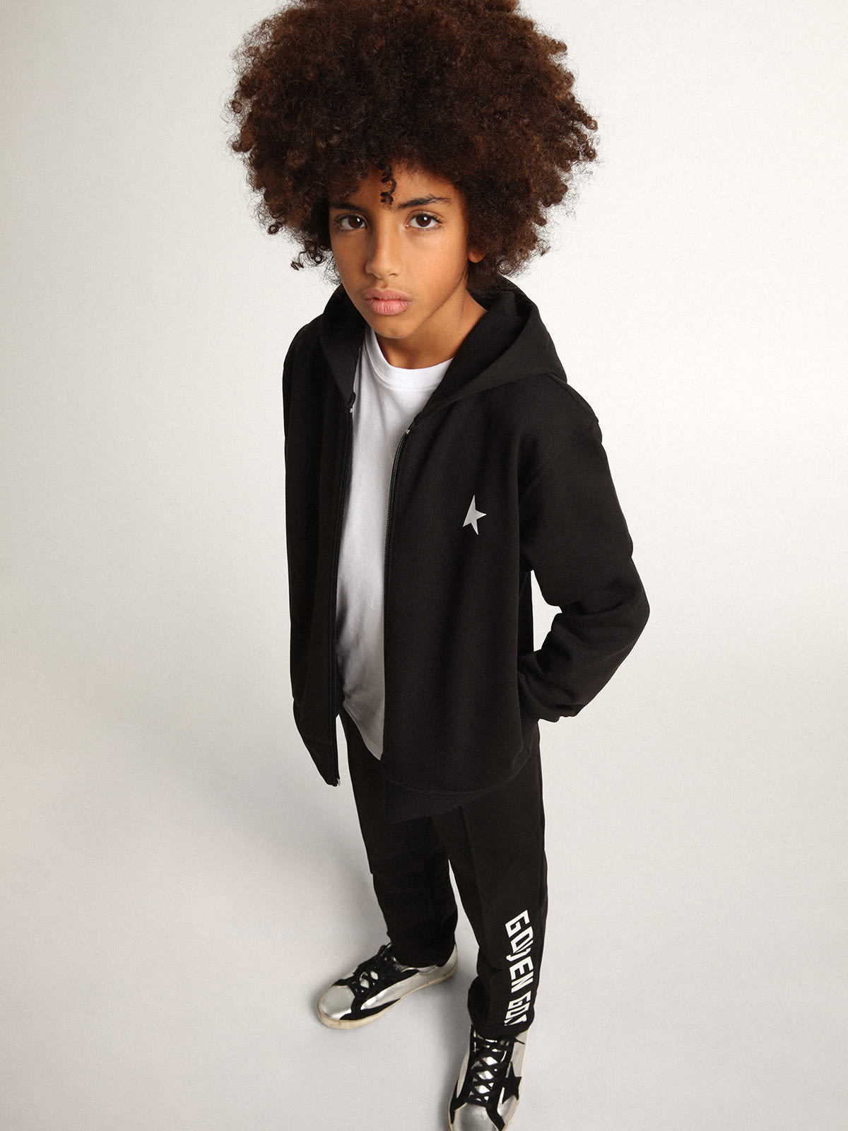 Golden Goose - Black hooded sweatshirt with contrasting white star and logo in 