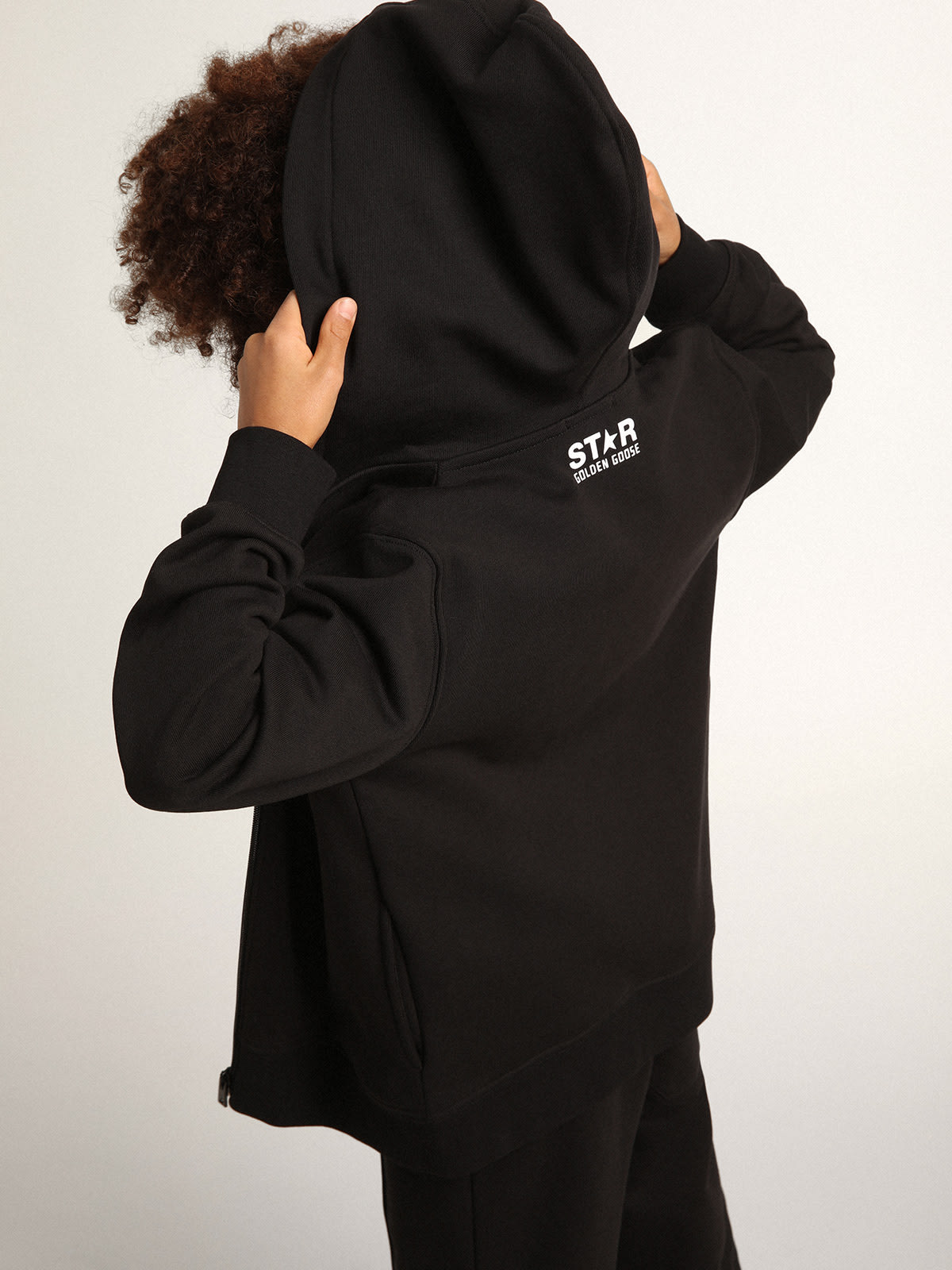 Golden Goose - Black hooded sweatshirt with contrasting white star and logo in 
