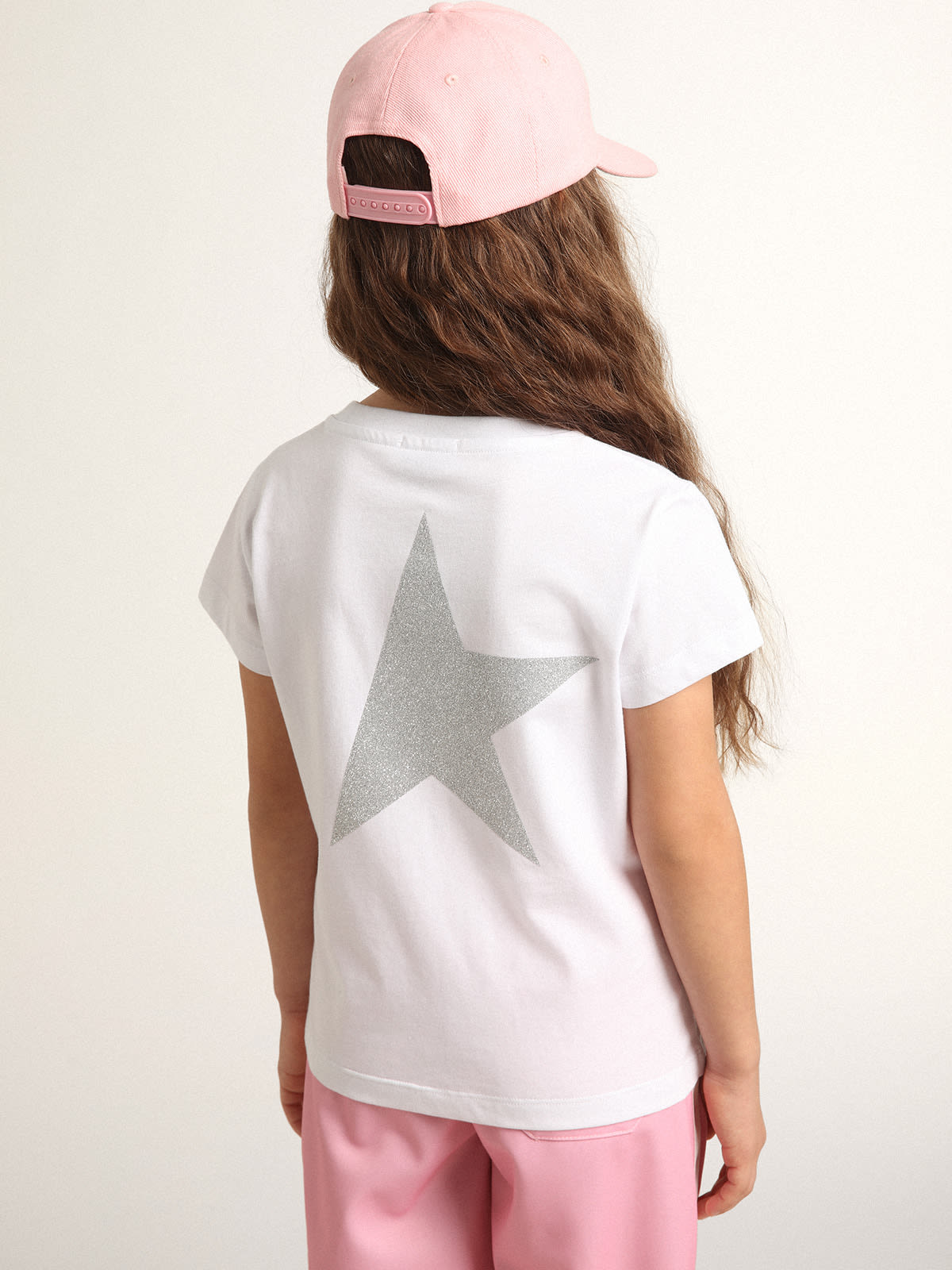 Golden Goose - White Star Collection T-shirt with logo and maxi star in silver color glitter in 