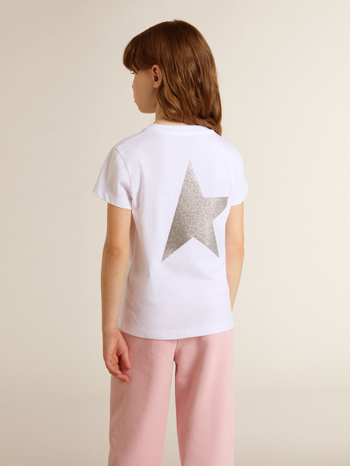 White and silver T-shirt with logo and maxi star in silver glitter