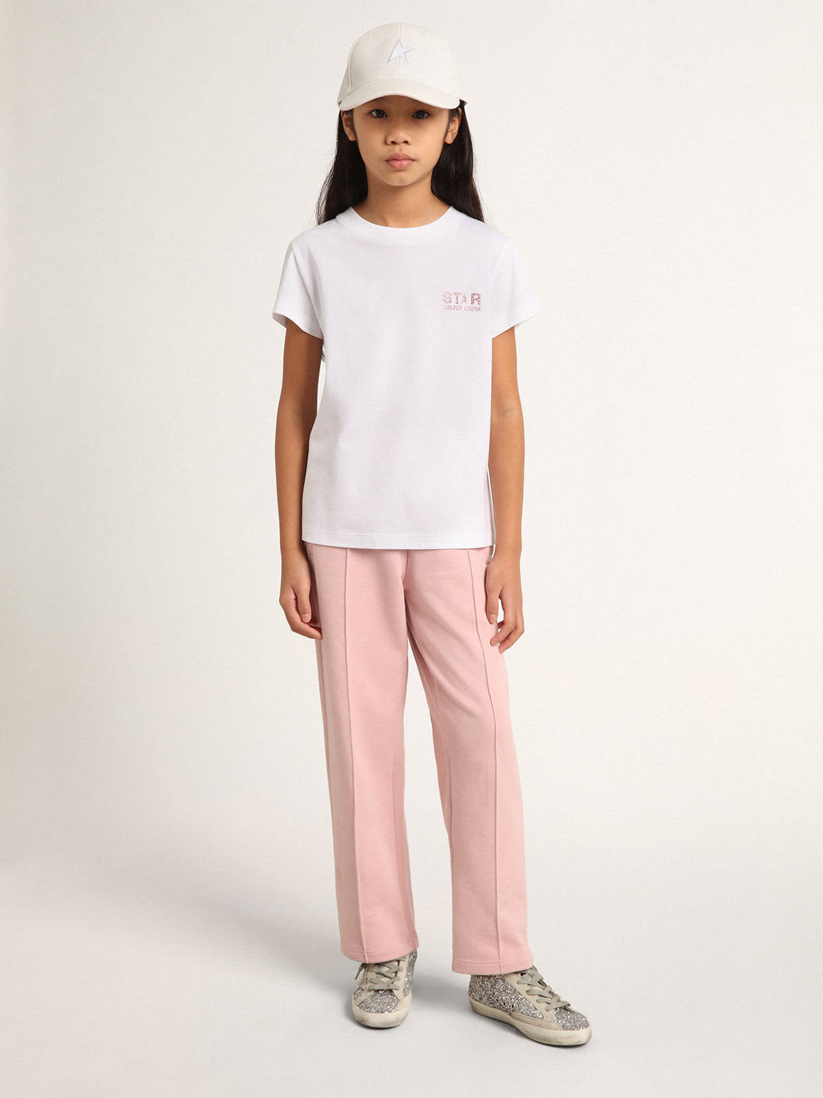 Golden Goose - White T-shirt with logo and maxi star in pink glitter  in 