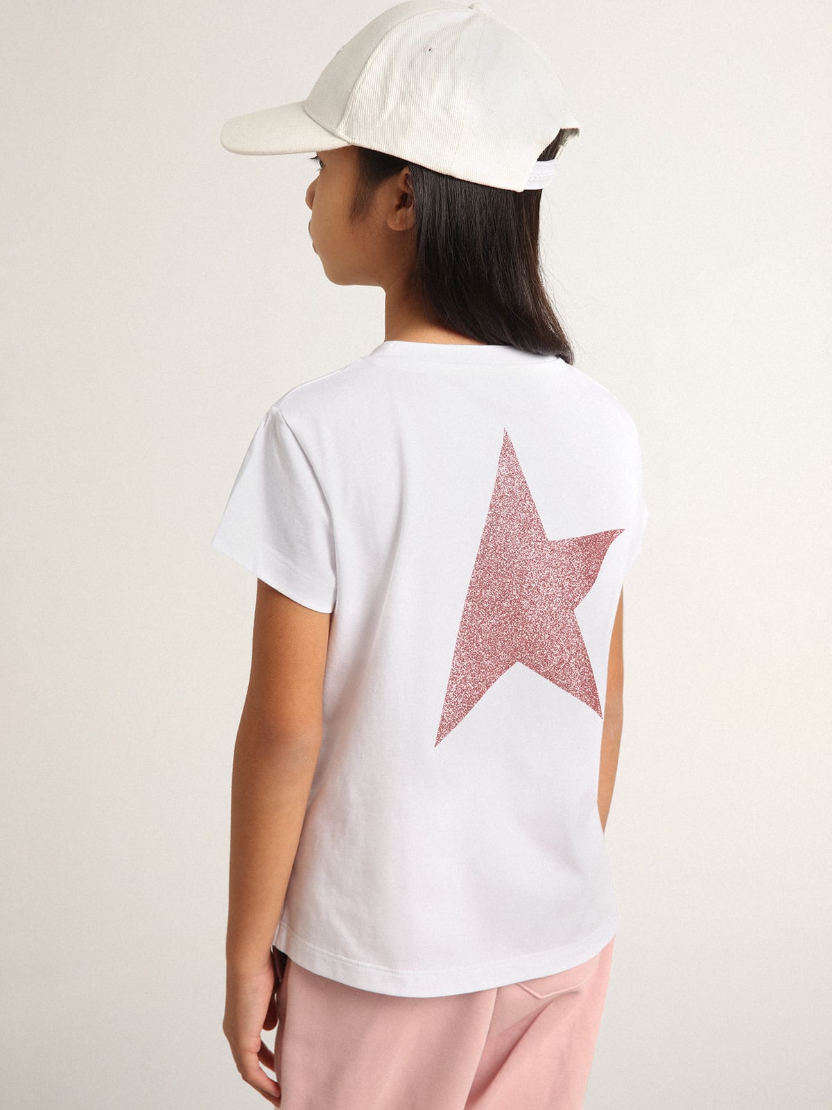 Golden Goose - Weißes T-Shirt aus der Star Collection mit Logo und Maxistern aus rosa Glitzer in 