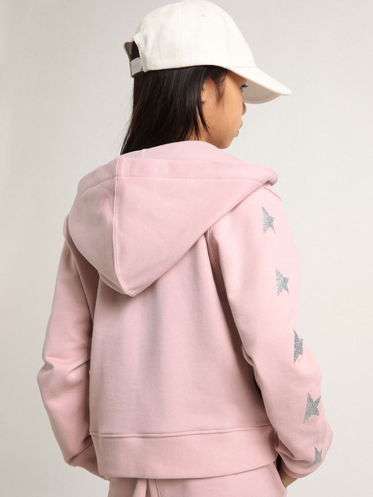 Golden Goose - Sweat-shirt rose à capuche collection Star avec étoiles à paillettes argentées en contraste in 