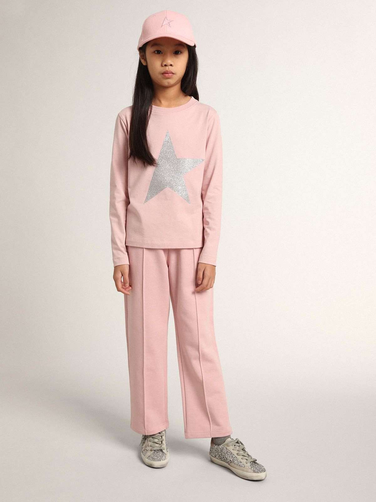 Golden Goose - Calça de jogging rosa Coleção Star com estrela de glitter prateado na frente in 
