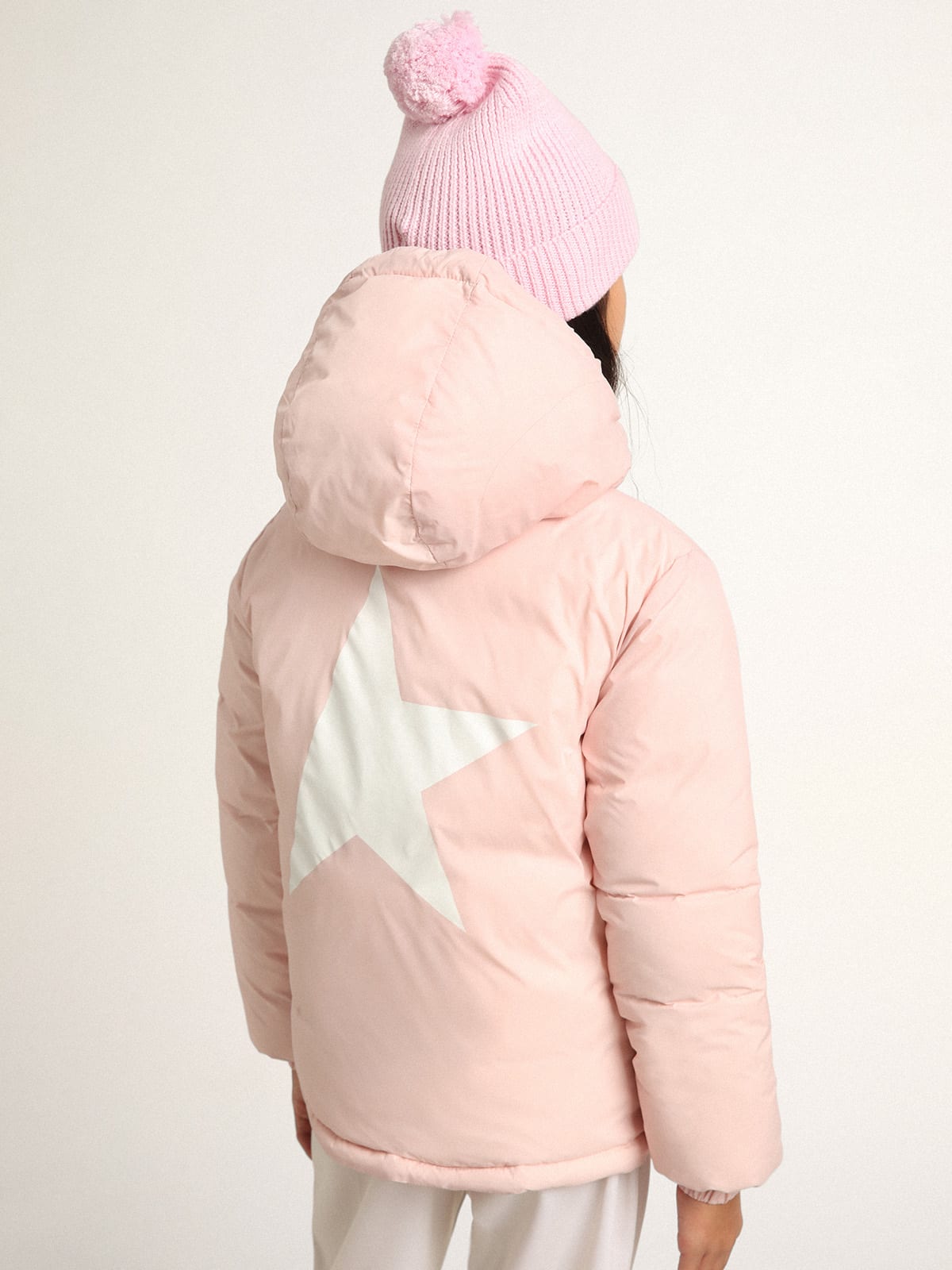 Golden Goose - Pink Star Collection padded jacket with hood and white maxi star on the back in 