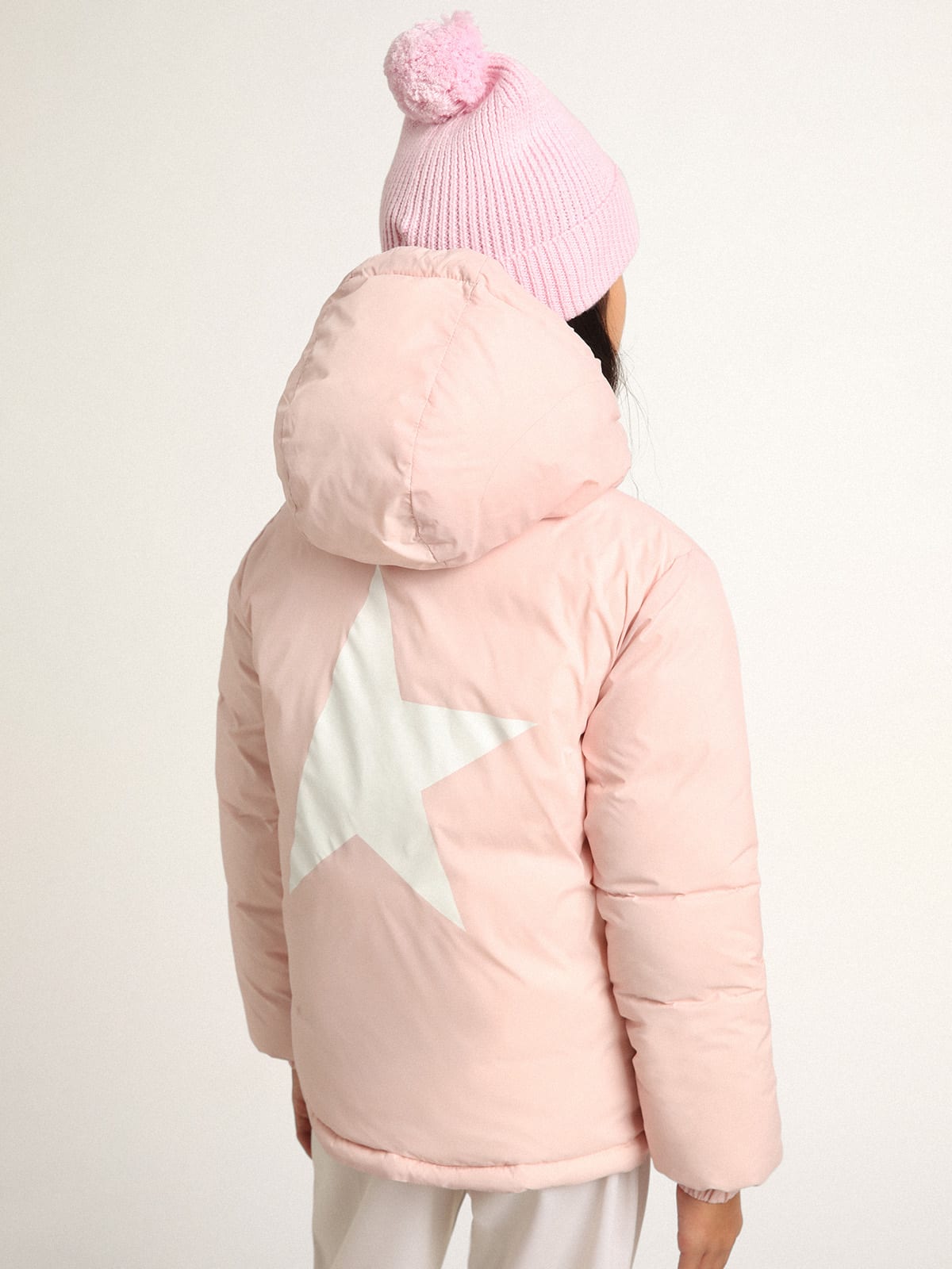 Golden Goose - Pink padded jacket with hood and white maxi star on the back in 