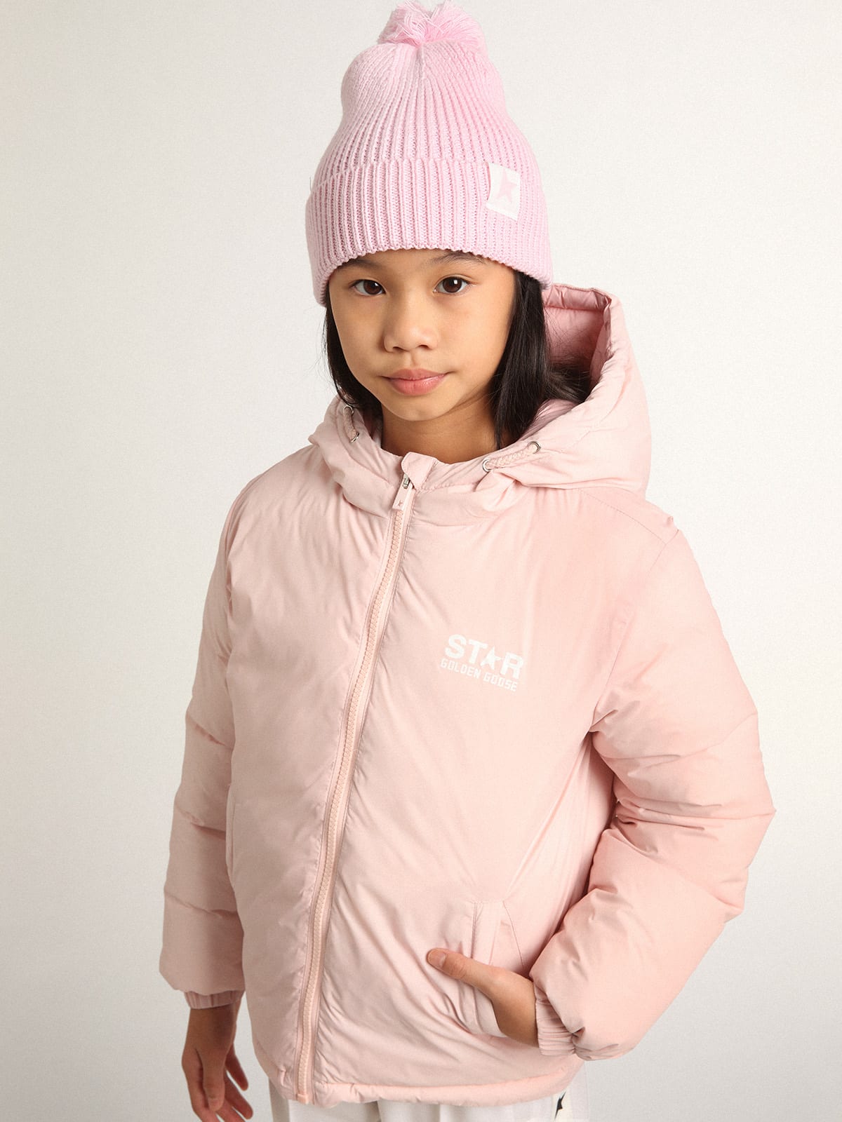 Golden Goose - Pink Star Collection padded jacket with hood and white maxi star on the back in 