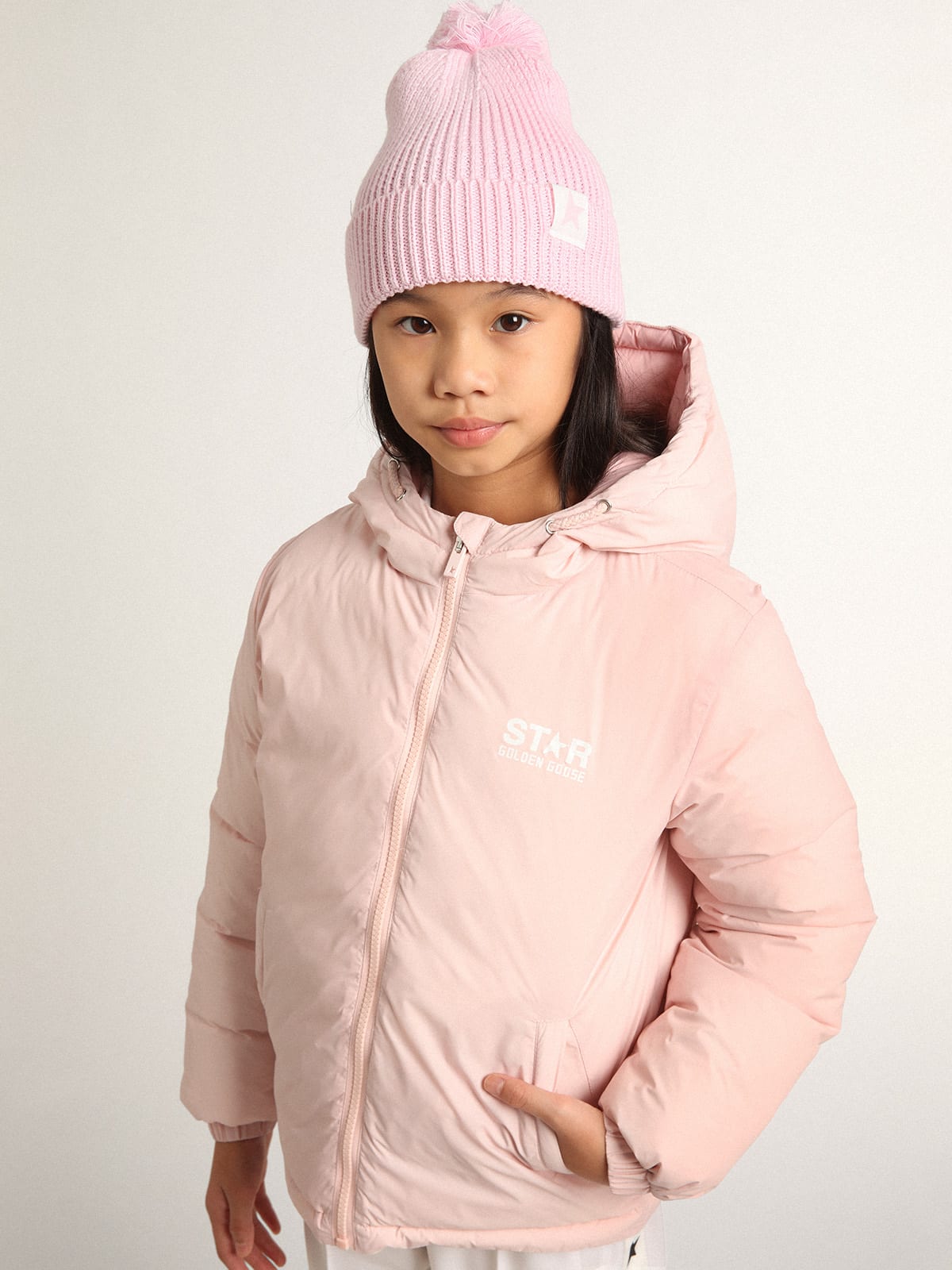 Golden Goose - Pink padded jacket with hood and white maxi star on the back in 