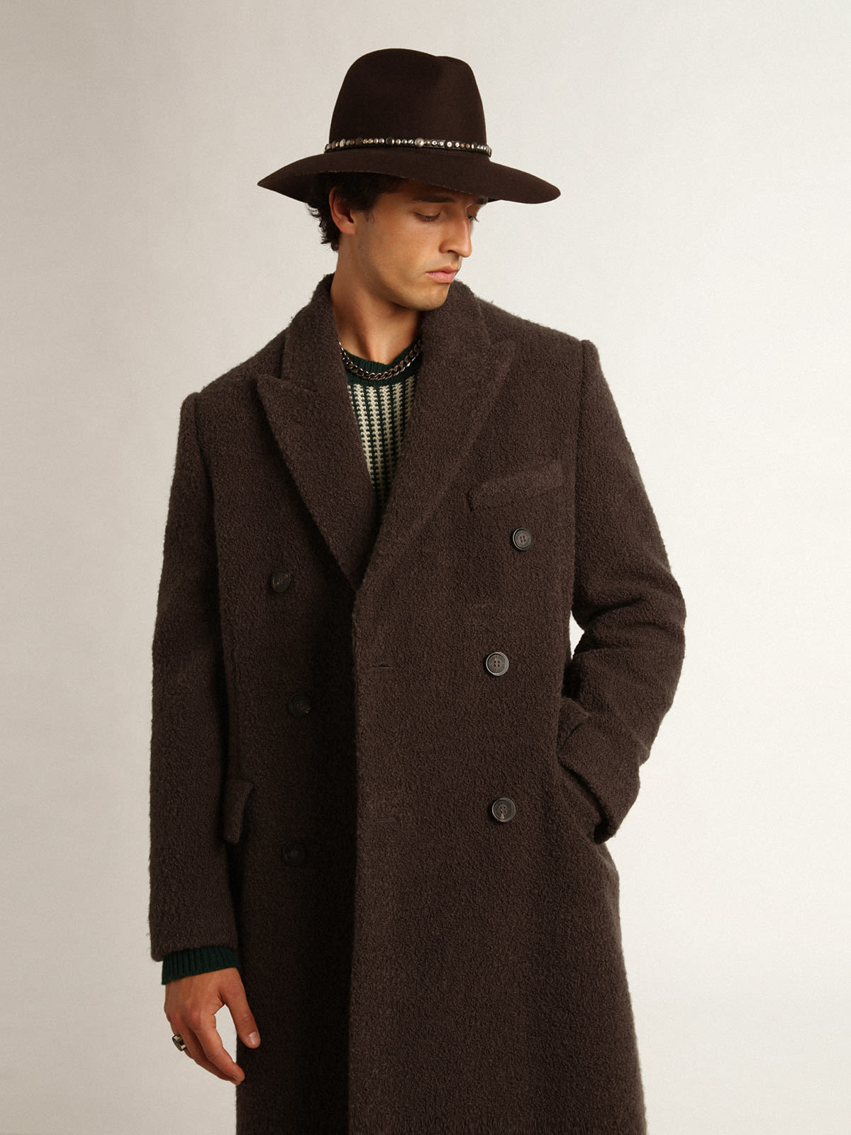 Golden Goose - Men's double-breasted coat in licorice-colored bouclé wool in 
