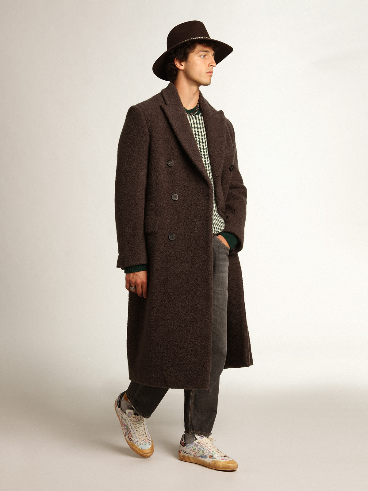 Golden Goose - Journey Collection double-breasted coat in licorice-colored bouclé wool in 