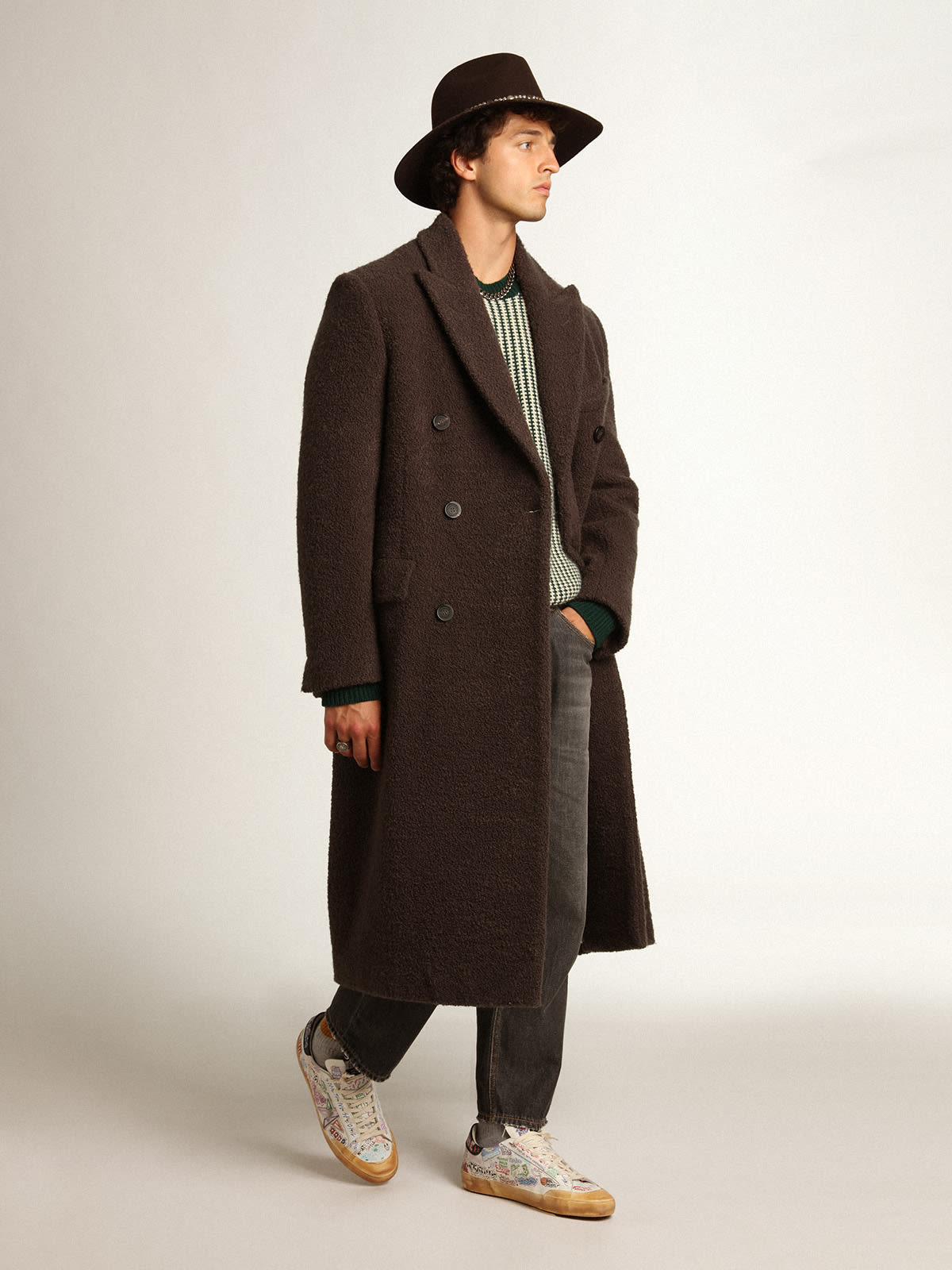 Golden Goose - Men's double-breasted coat in licorice-colored bouclé wool in 