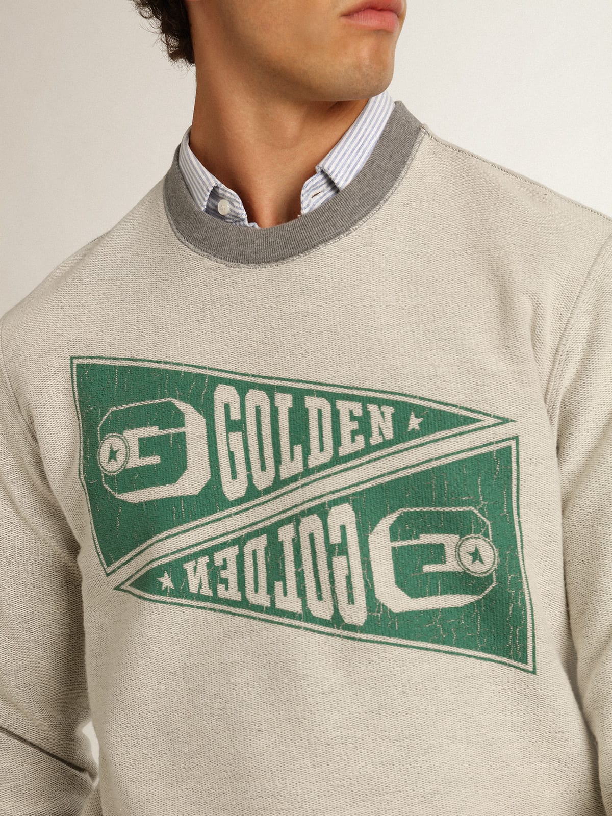 Golden Goose - Men's mélange gray sweatshirt with green print in 