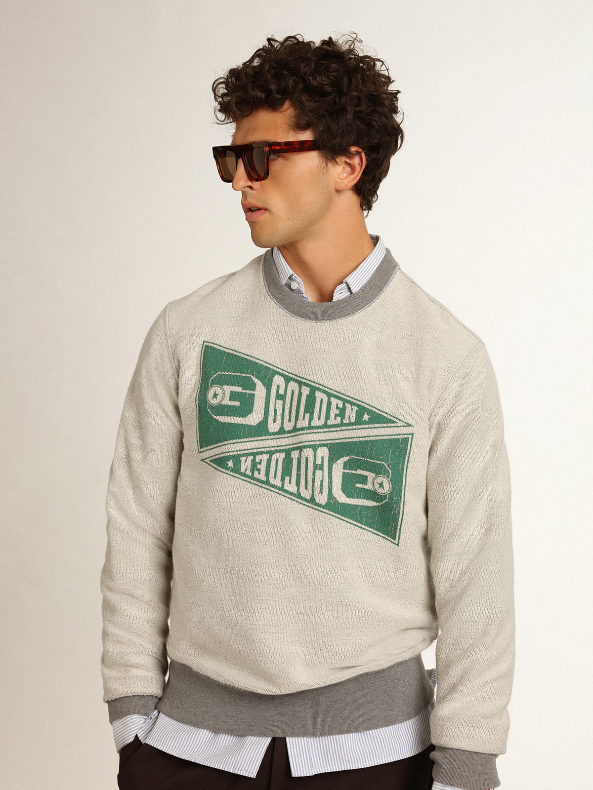 Golden Goose - Men's mélange gray sweatshirt with green print in 