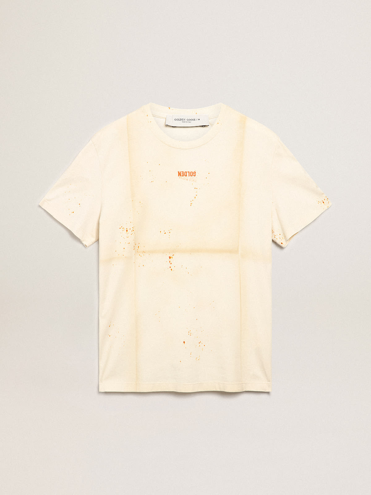 Golden Goose - Men's bone white T-shirt with lettering and distressed details in 