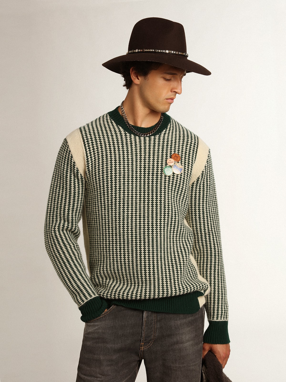 Golden Goose - Men's round-neck sweater in two-tone white and green wool in 