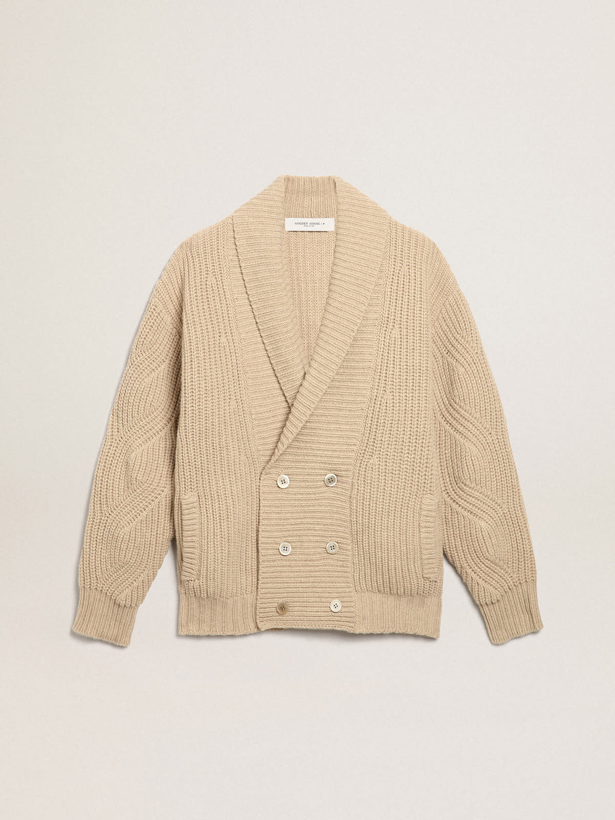 Golden Goose - Cardigan croisé collection Journey en laine côtelée beige avec empiècements en cuir ton sur ton in 