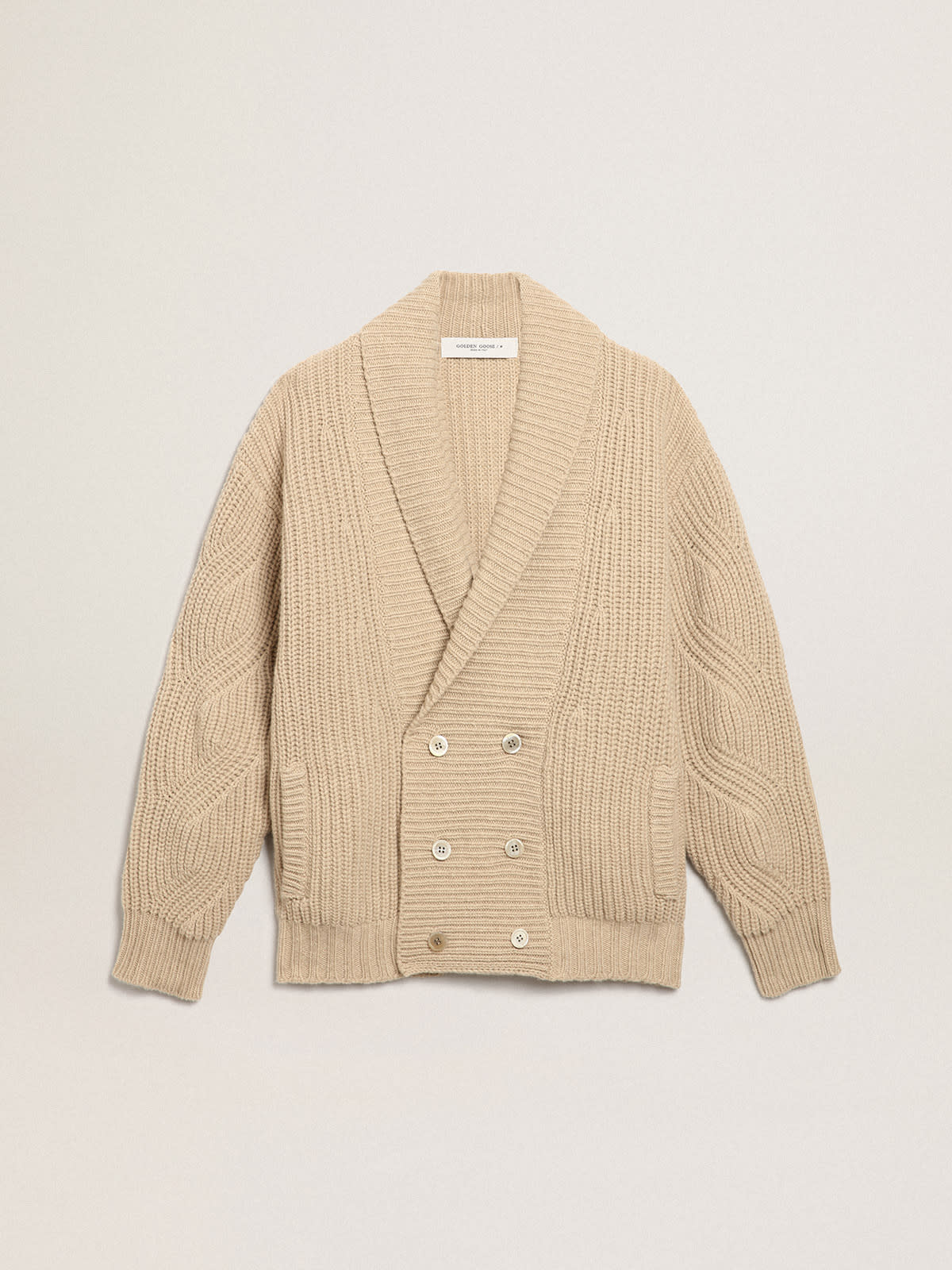 Golden Goose - Men's double-breasted beige wool cardigan with leather patches in 