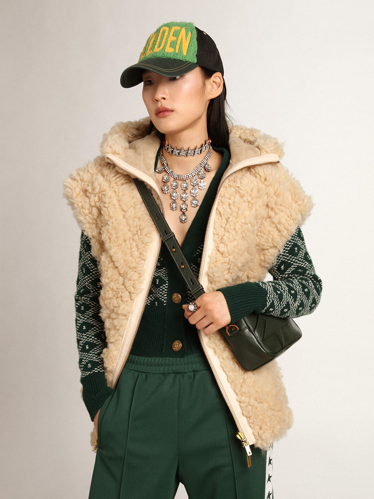 Women s reversible sheepskin vest in ecru Golden Goose