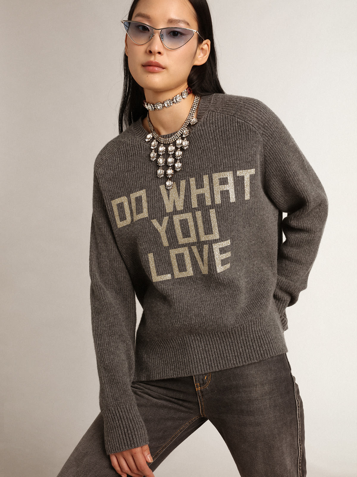 Golden Goose - Women's gray round-neck sweater with glitter lettering in 