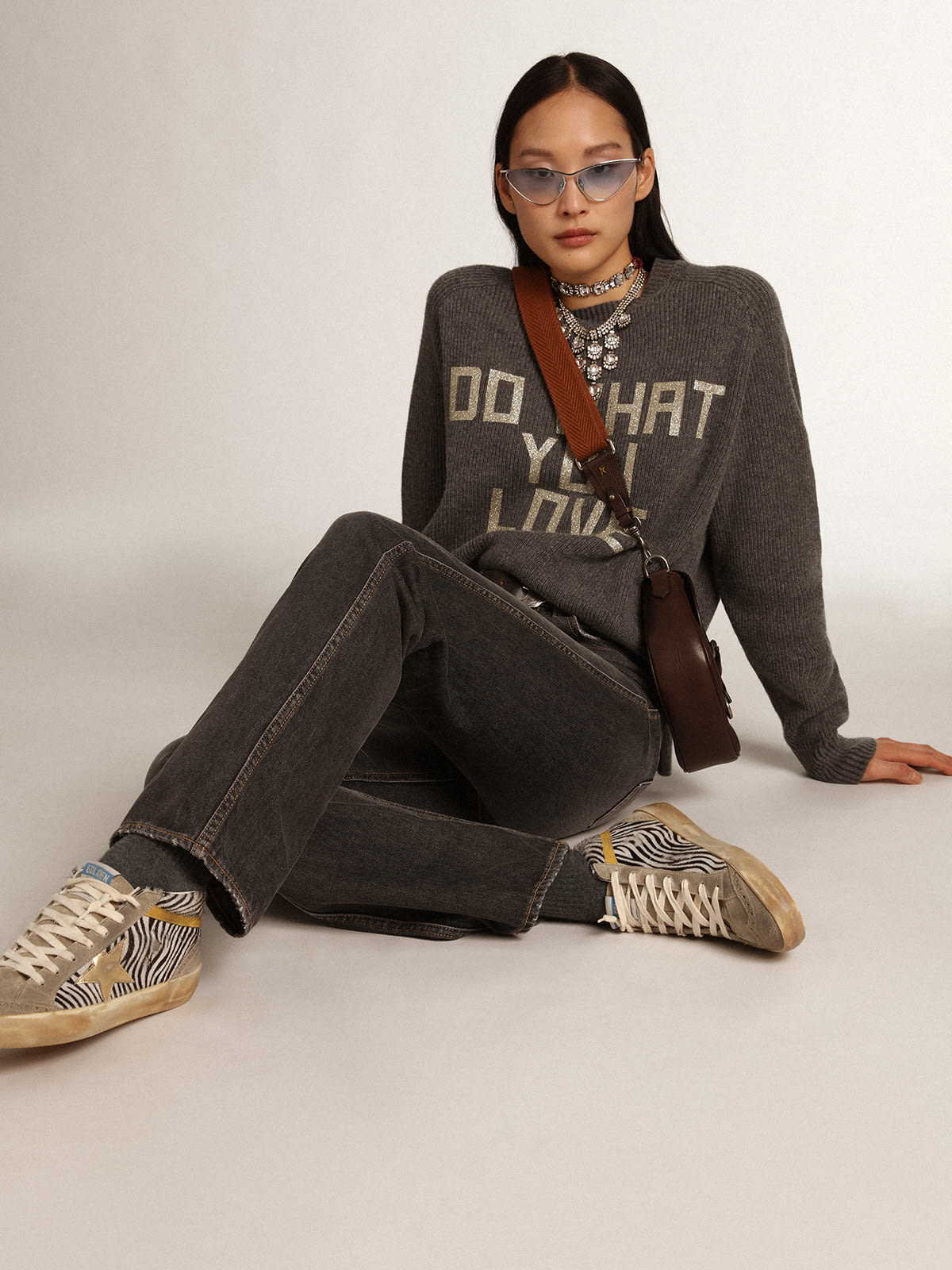 Golden Goose - Women's gray round-neck sweater with glitter lettering in 